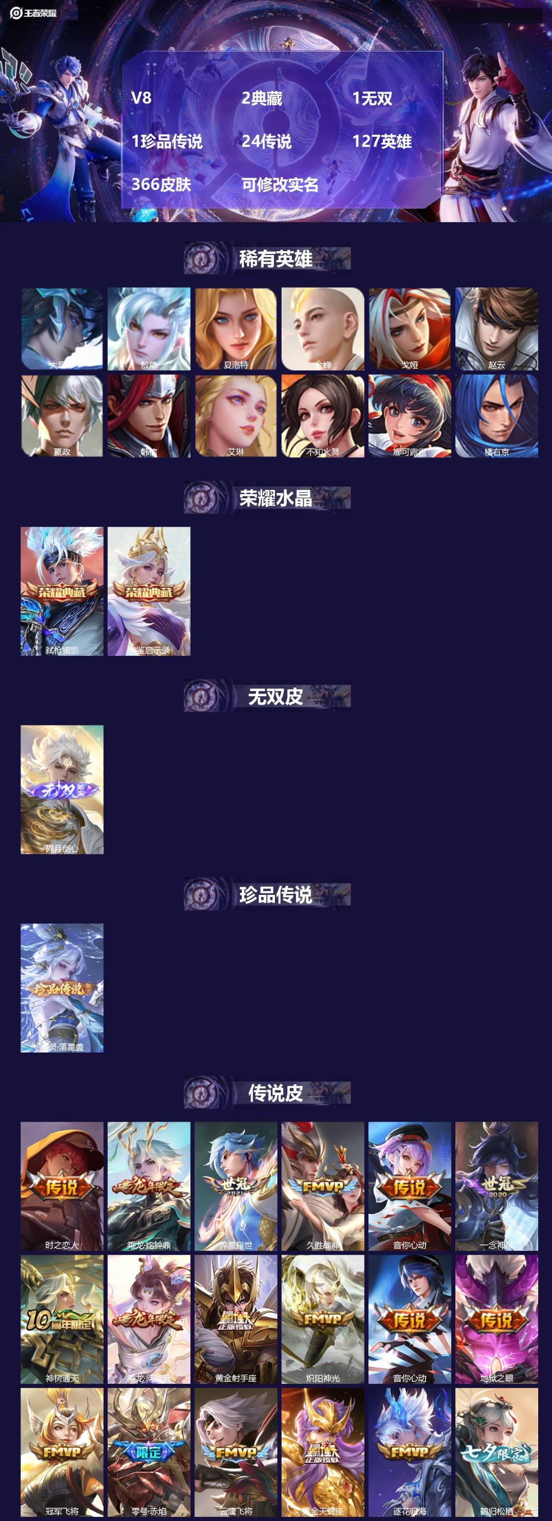 王者荣耀账号安卓QQ[15619595]V8 2典藏 1无双 1珍品传说 24传说 127英雄 366皮肤 可修改实名 