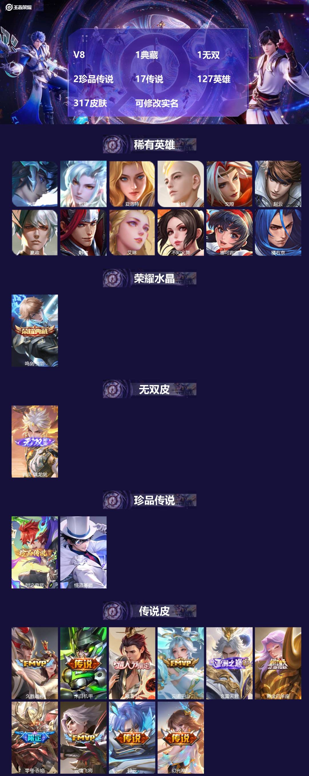 王者荣耀账号苹果QQ127英雄-317皮肤-[]V8 1典藏 1无双 2珍品传说 17传说 127英雄 317皮肤 可修