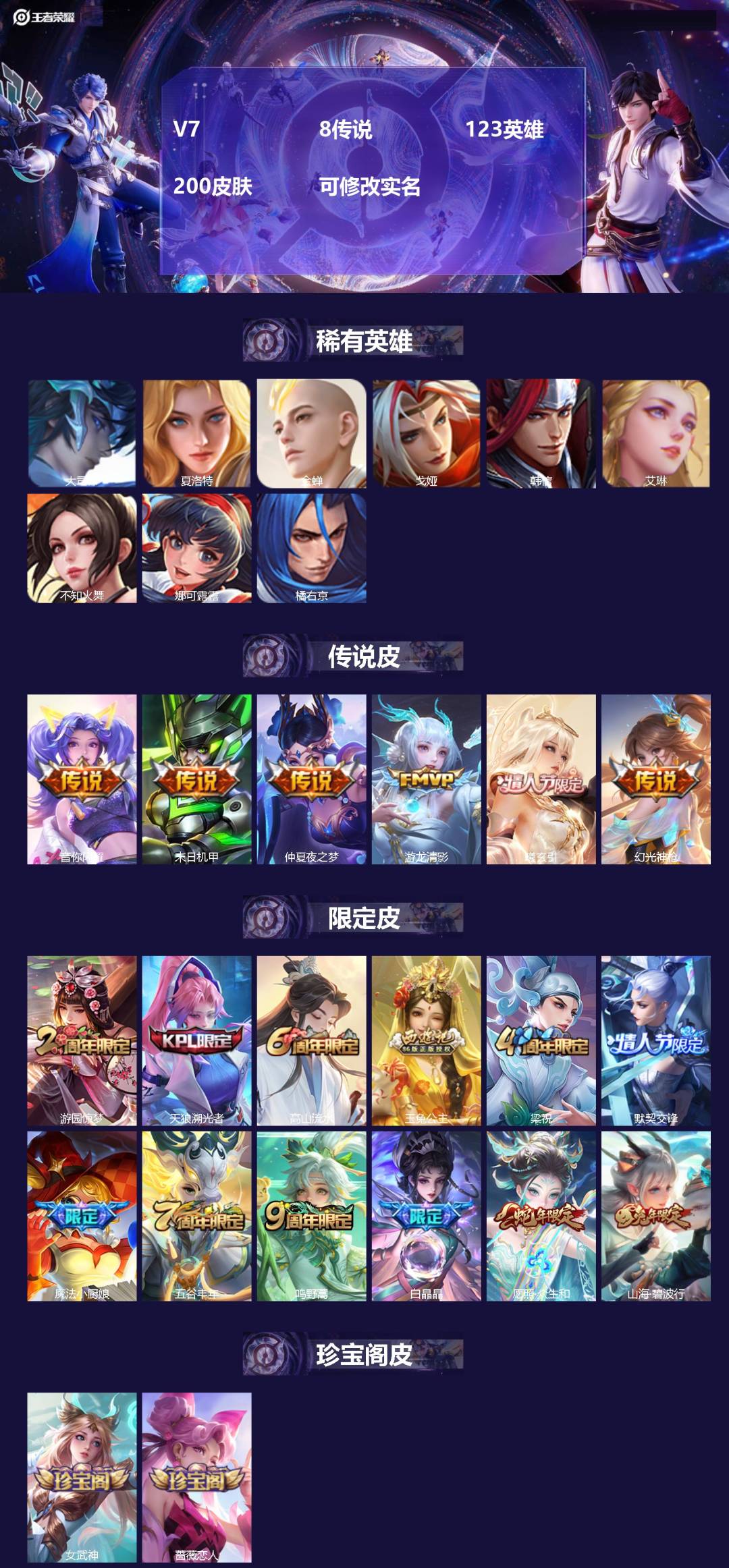 王者荣耀账号安卓QQ[15640551]V7 8传说 123英雄 200皮肤 可修改实名 
【稀有英雄】大司命,韩信(韩