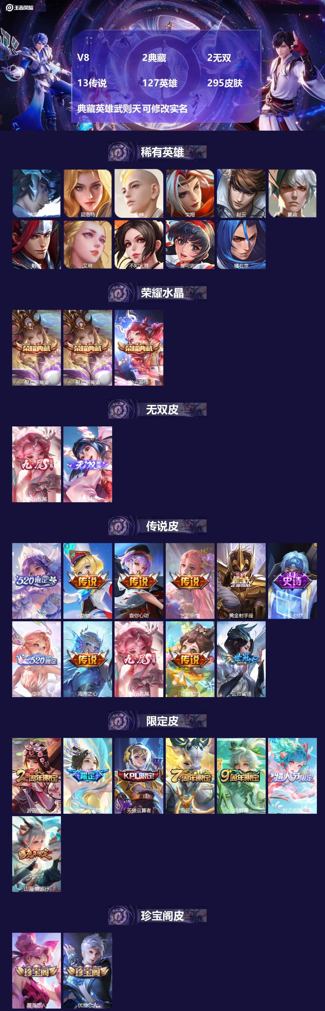 王者荣耀账号安卓VX127英雄-295皮肤-[]V8 2典藏 2无双 13传说 127英雄 295皮肤 典藏英雄武则天 
