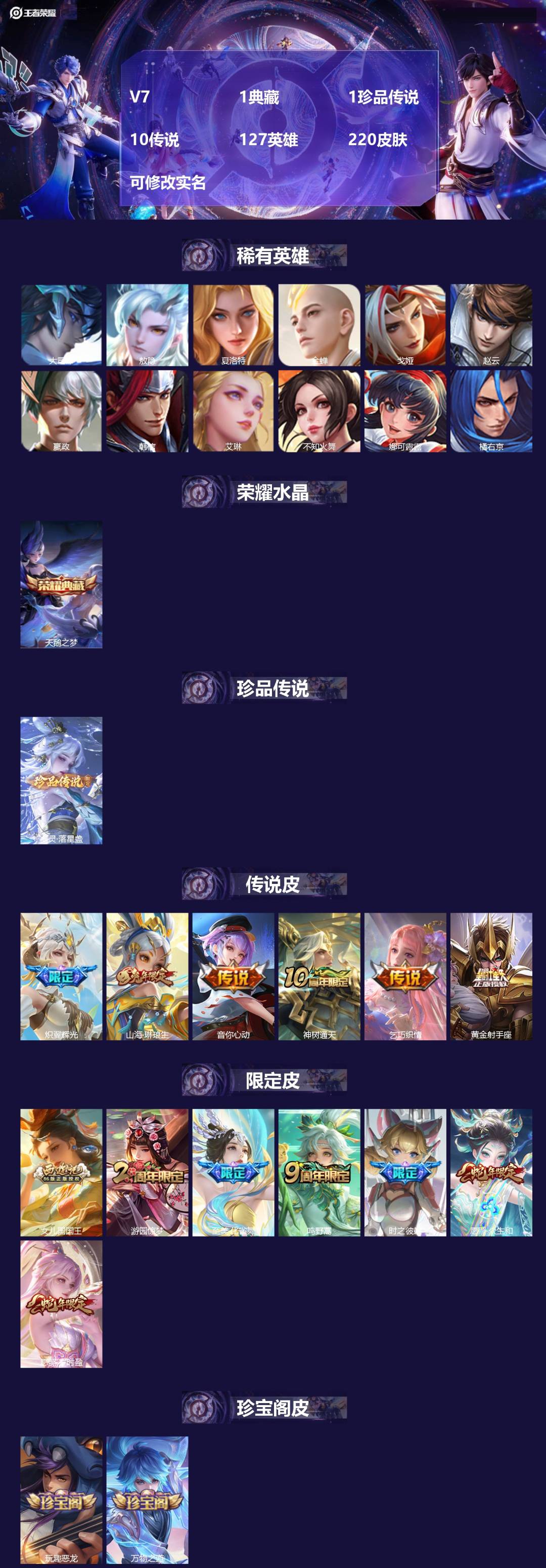 王者荣耀账号安卓QQ[15649869]V7 1典藏 1珍品传说 10传说 127英雄 220皮肤 可修改实名 
【英雄