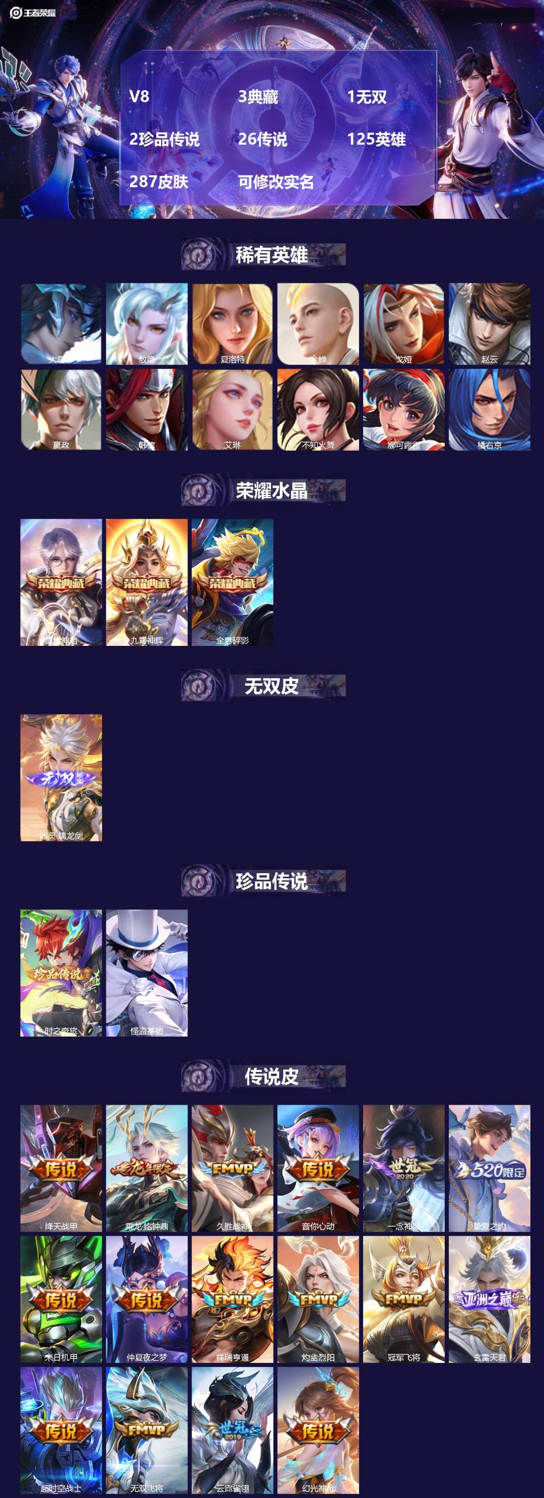 王者荣耀账号苹果QQ[15651349]V8 3典藏 1无双 2珍品传说 26传说 125英雄 287皮肤 可修改实名 