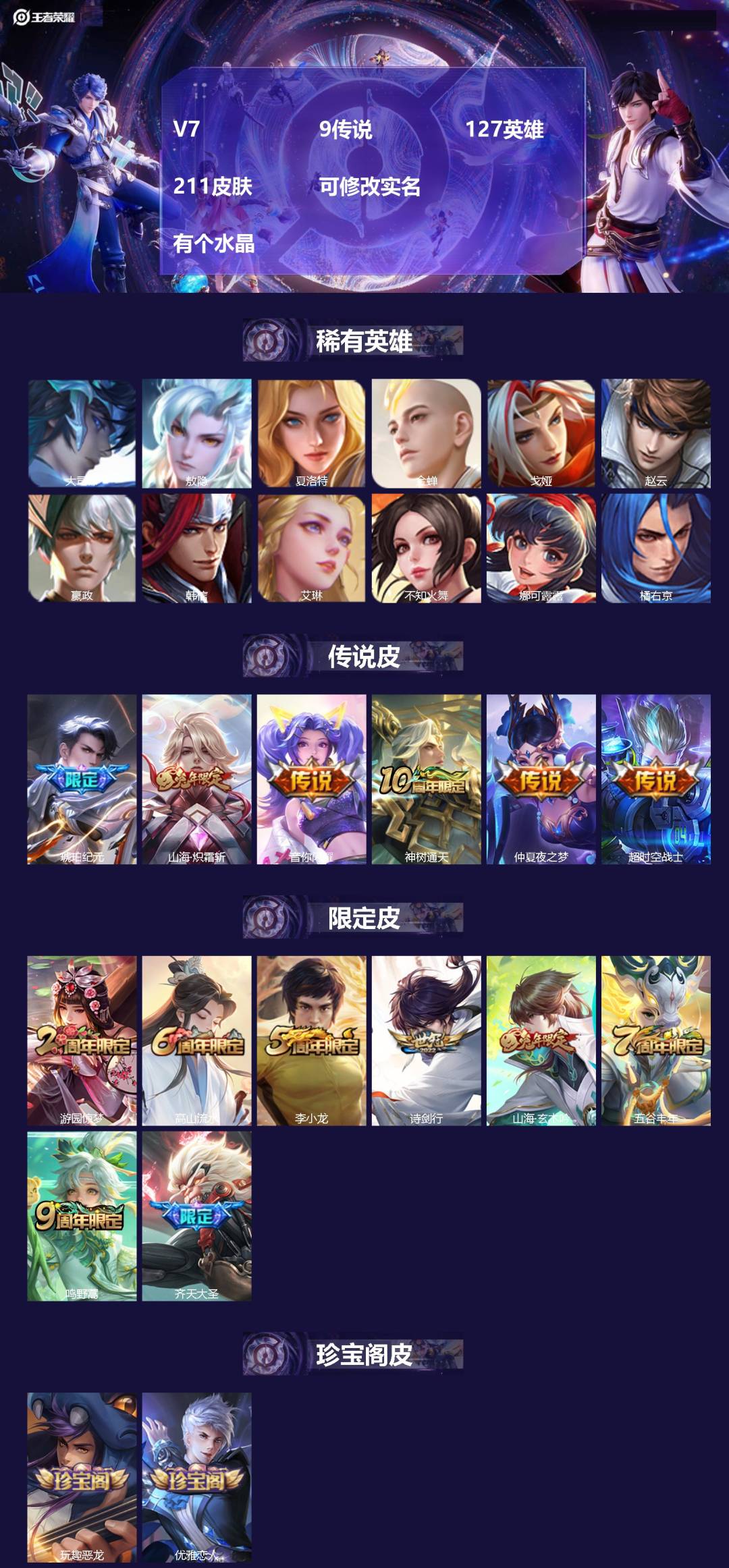 王者荣耀账号安卓QQ[15653485]V7 9传说 127英雄 211皮肤 可修改实名  有个水晶
【英雄全皮】敖隐全