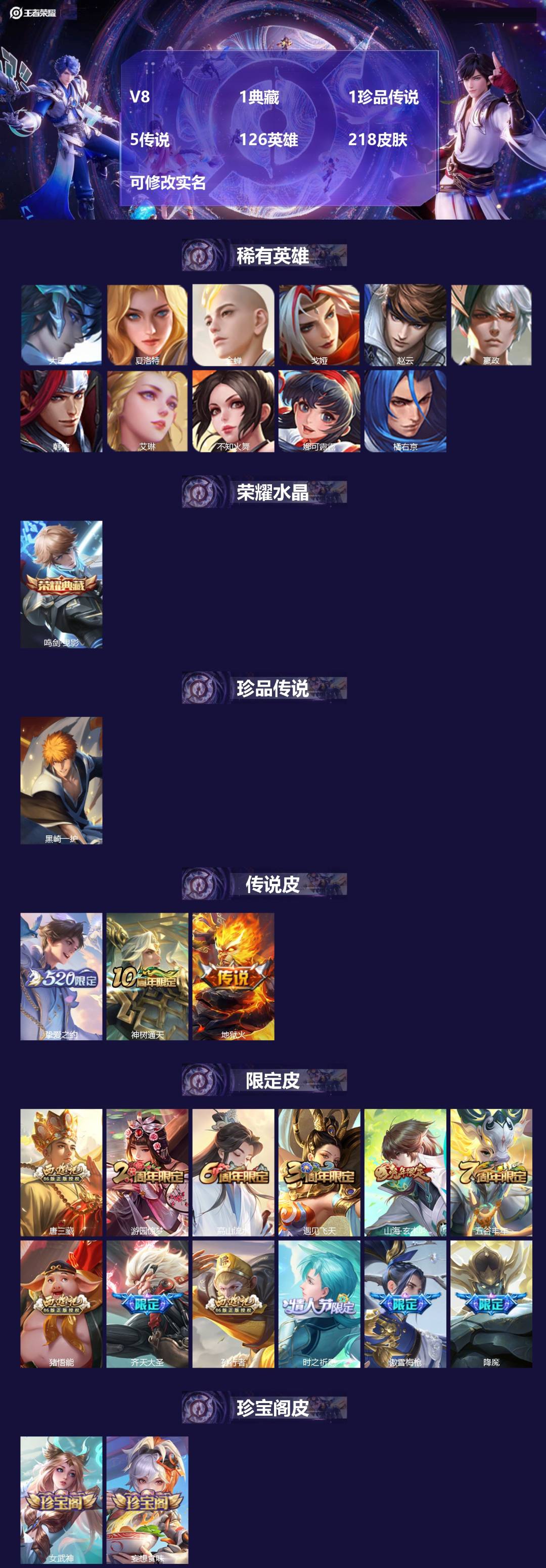 王者荣耀账号安卓QQ126英雄-218皮肤-[]V8 1典藏 1珍品传说 5传说 126英雄 218皮肤 可修改实名 
