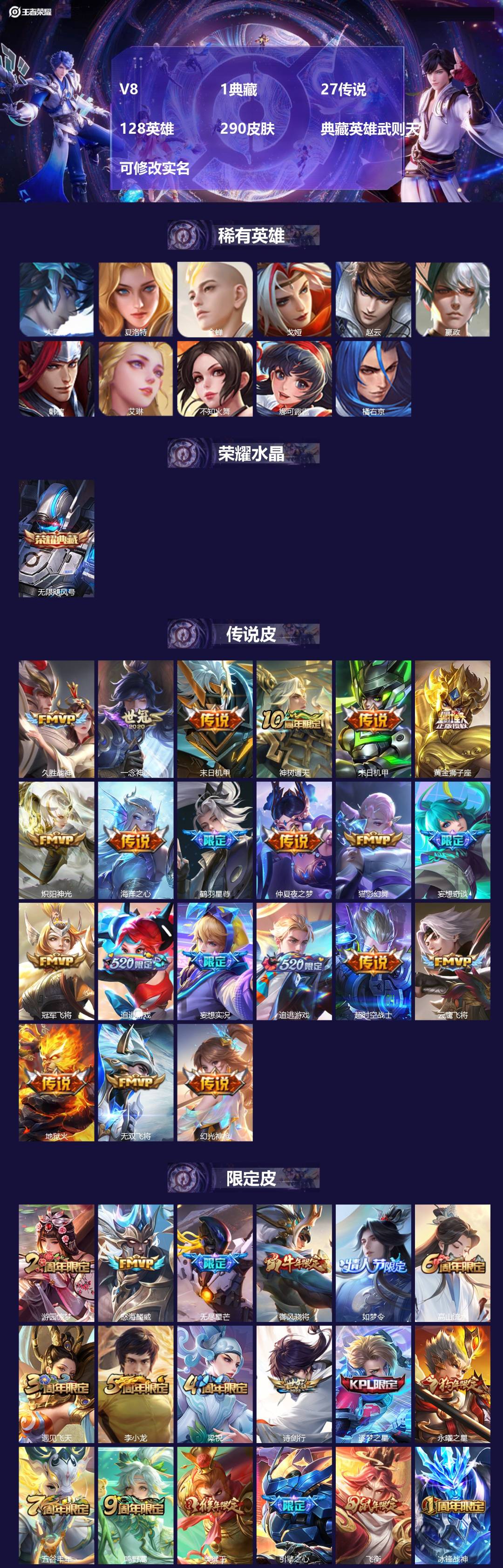 王者荣耀账号苹果QQ[15653827]V8 1典藏 27传说 128英雄 290皮肤 典藏英雄武则天 可修改实名 
【