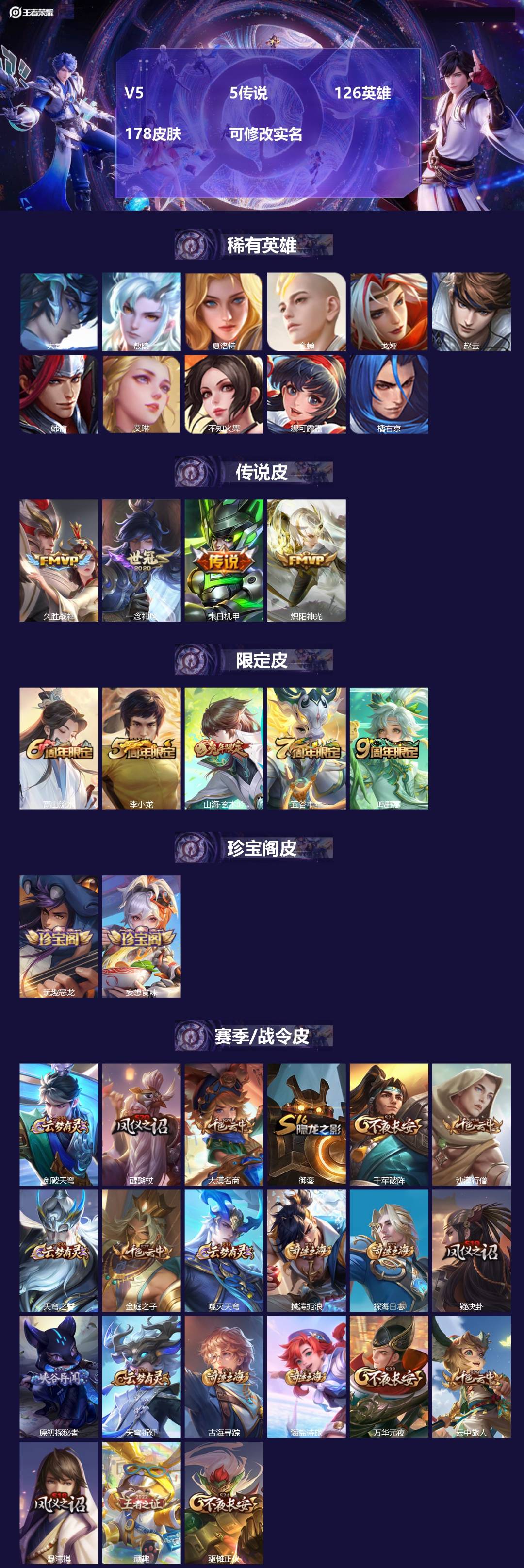 王者荣耀账号安卓QQ[15654789]V5 5传说 126英雄 178皮肤 可修改实名 
【英雄全皮】敖隐全皮
【稀有