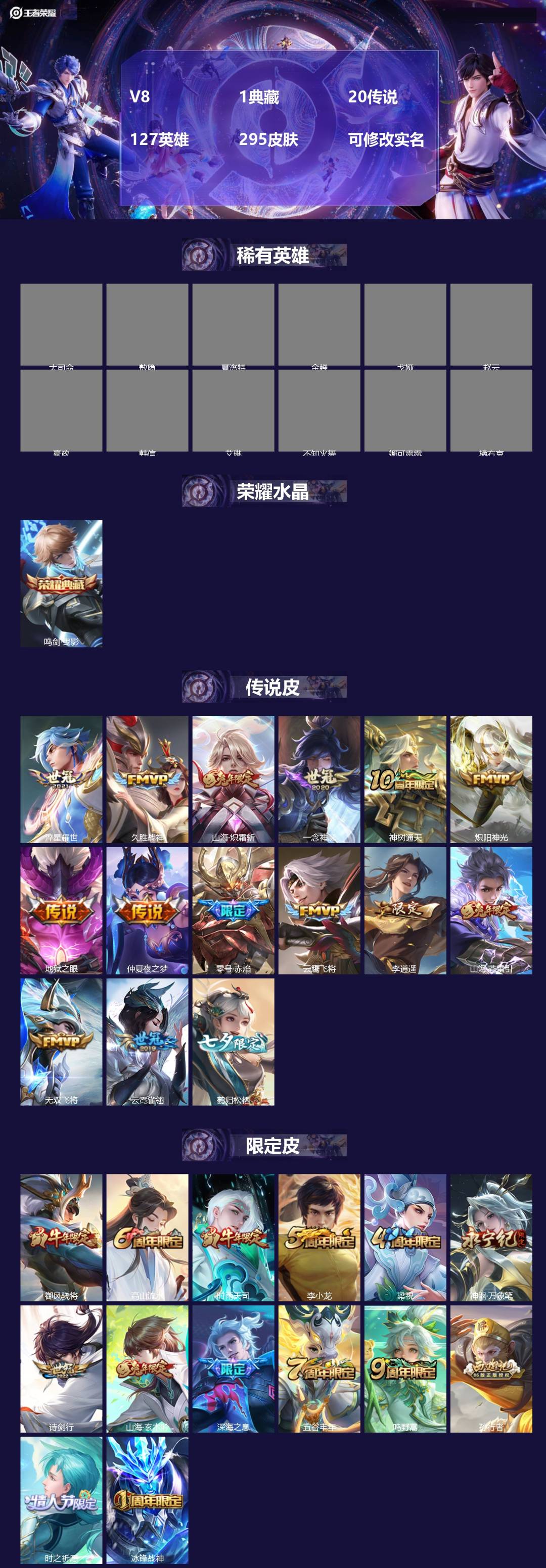 王者荣耀账号安卓VX127英雄-295皮肤-[]V8 1典藏 20传说 127英雄 295皮肤 可修改实名 
【英雄全皮