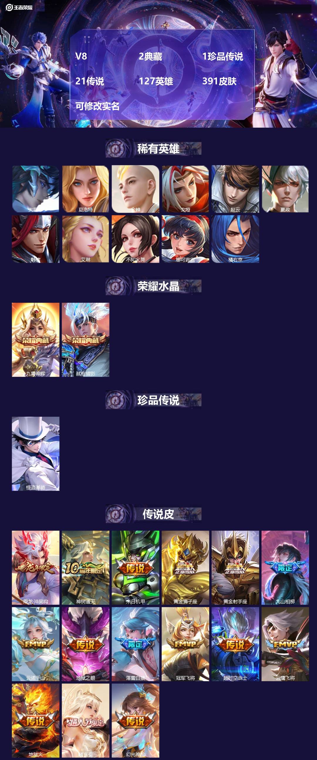 王者荣耀账号安卓QQ[15682897]V8 2典藏 1珍品传说 21传说 127英雄 391皮肤 可修改实名 
【英雄