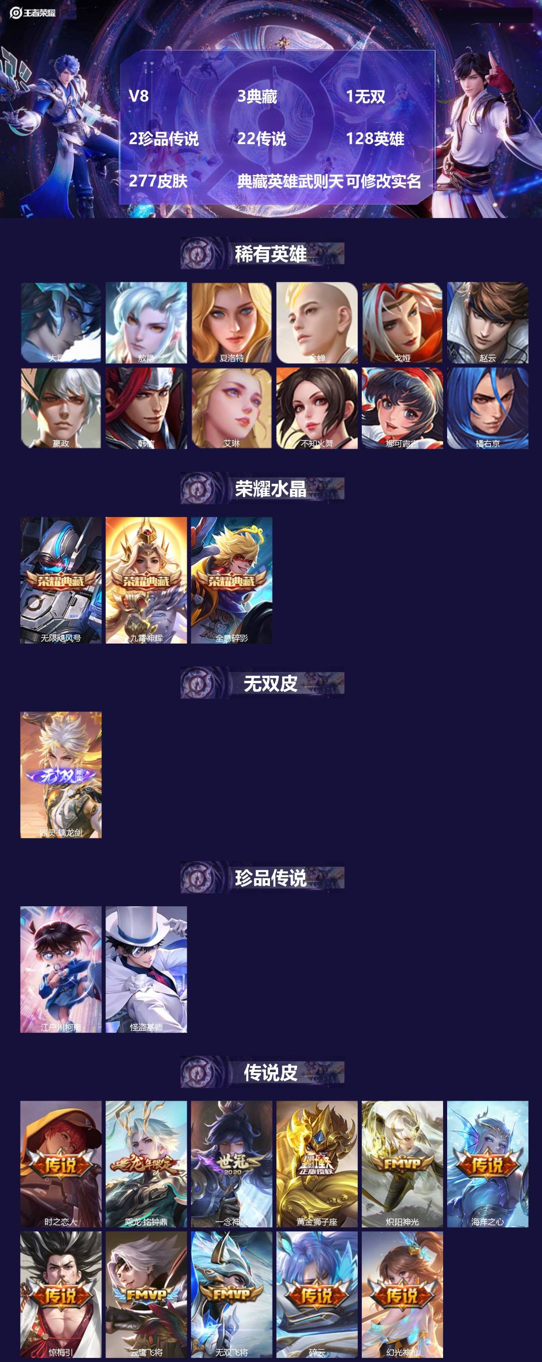 王者荣耀账号安卓QQ[15684724]V8 3典藏 1无双 2珍品传说 22传说 128英雄 277皮肤 典藏英雄武则