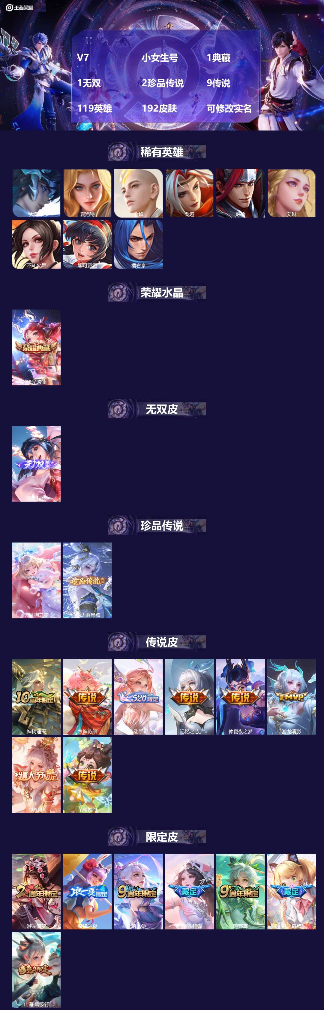 王者荣耀账号安卓QQ119英雄-192皮肤-[]V7 小女生号 1典藏 1无双 2珍品传说 9传说 119英雄 192皮