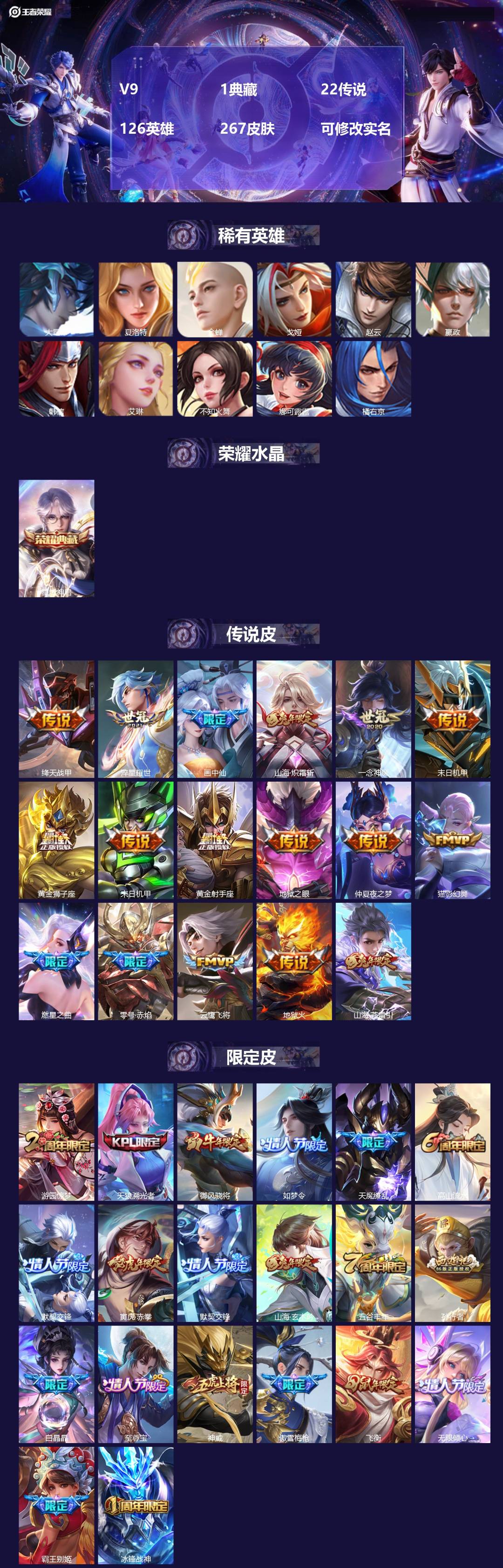 王者荣耀账号安卓QQ126英雄-267皮肤-[]V9 1典藏 22传说 126英雄 267皮肤 可修改实名 
【英雄全皮