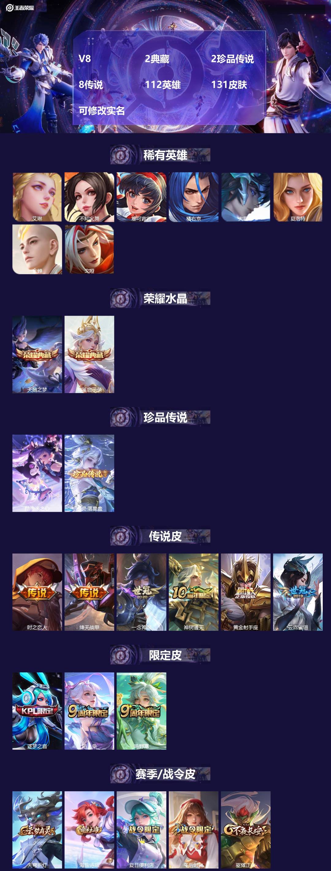 王者荣耀账号安卓VX[15714271]V8 2典藏 2珍品传说 8传说 112英雄 131皮肤 可修改实名 
【英雄全