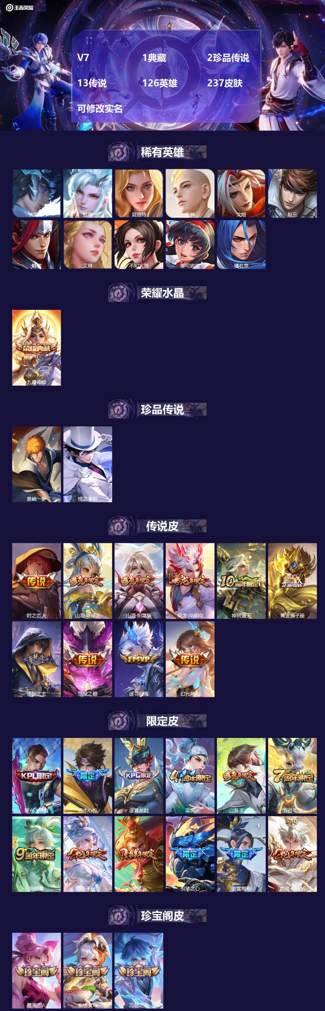 王者荣耀账号安卓QQ[15718799]V7 1典藏 2珍品传说 13传说 126英雄 237皮肤 可修改实名 
【英雄