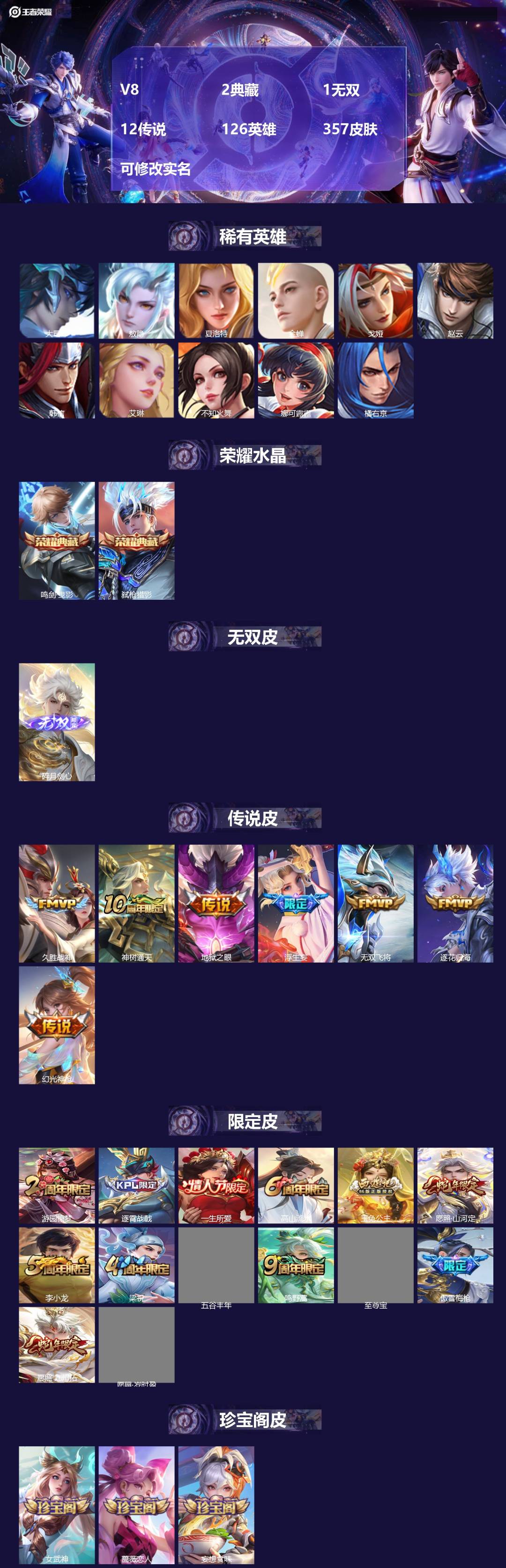 王者荣耀账号安卓QQV8 2典藏 1无双 12传说 126英雄 357皮肤 可修改实名 
【英雄全皮】司空震全皮,蒙恬全