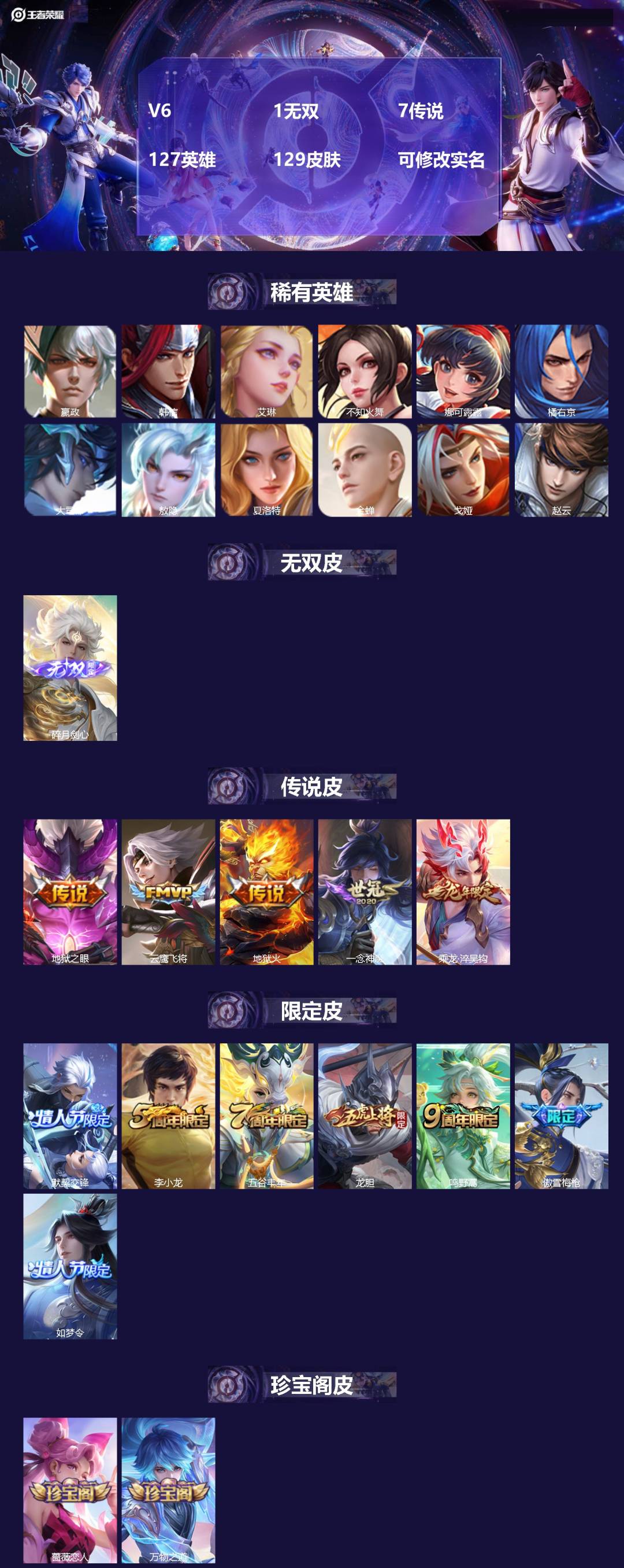 王者荣耀账号安卓QQ127英雄-129皮肤-[]V6 1无双 7传说 127英雄 129皮肤 可修改实名 
【英雄全皮】