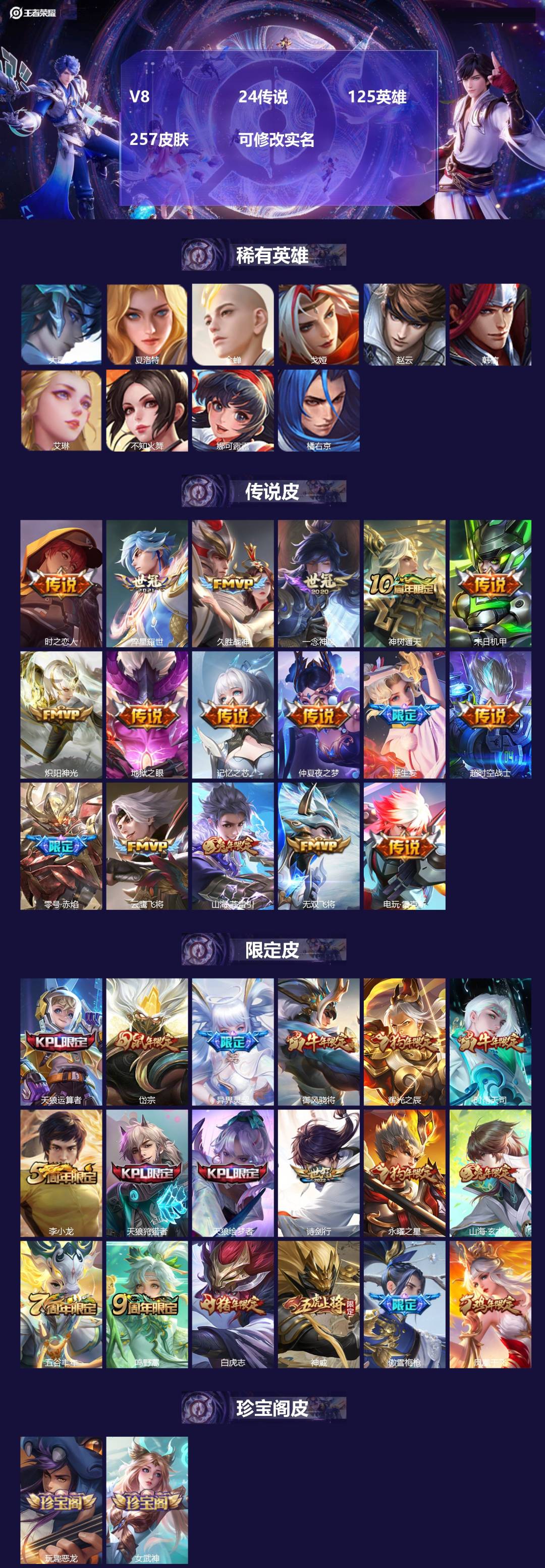 王者荣耀账号苹果QQ[15762422]V8 24传说 125英雄 257皮肤 可修改实名 
【稀有英雄】大司命,韩信(