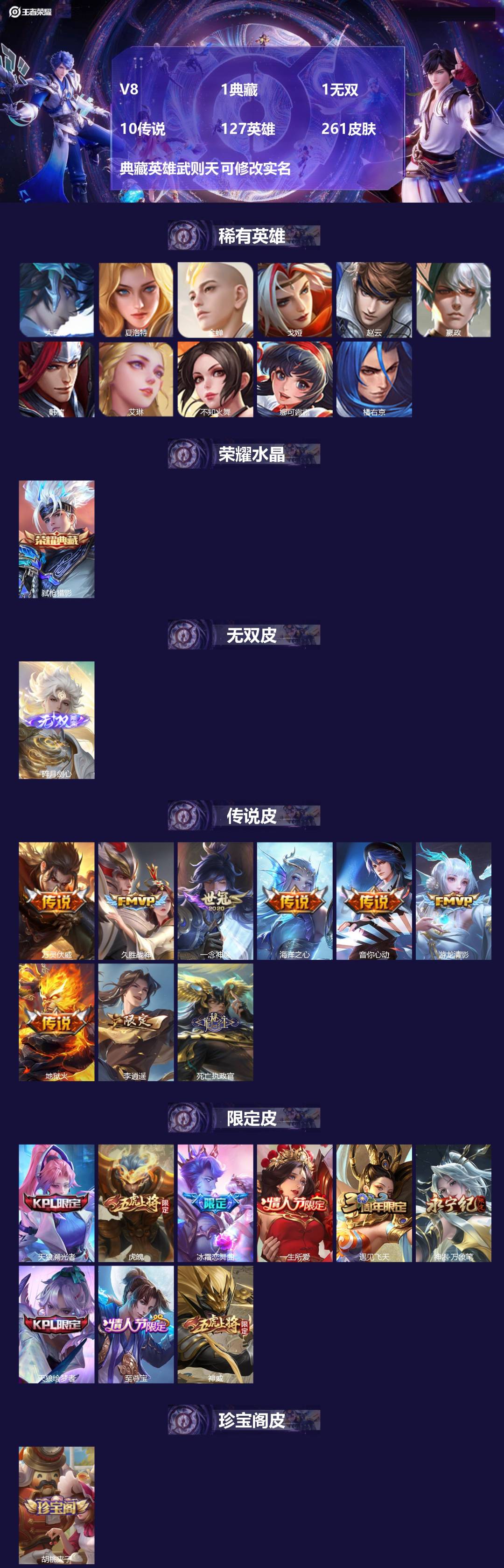 王者荣耀账号苹果QQ[15765232]V8 1典藏 1无双 10传说 127英雄 261皮肤 典藏英雄武则天 可修改实
