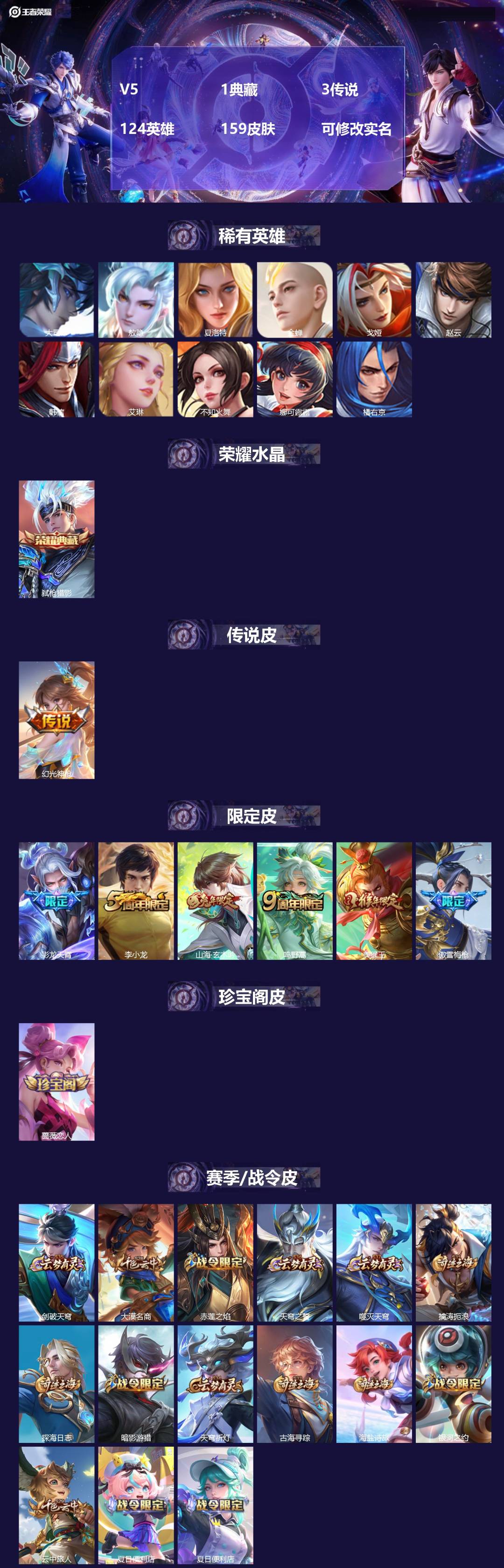 王者荣耀账号安卓QQ124英雄-159皮肤-[]V5 1典藏 3传说 124英雄 159皮肤 可修改实名 
【英雄全皮】