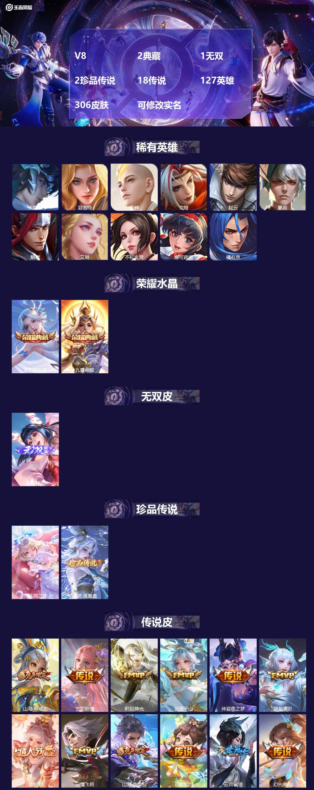 王者荣耀账号苹果QQ127英雄-306皮肤-[]V8 2典藏 1无双 2珍品传说 18传说 127英雄 306皮肤 可修