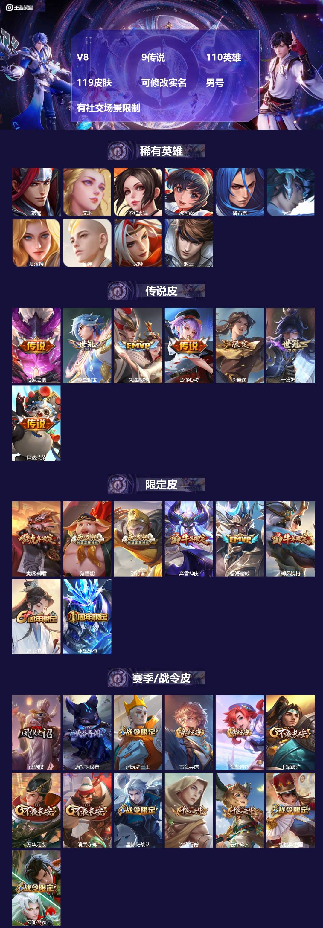 王者荣耀账号安卓VX[15860593]V8 9传说 110英雄 119皮肤 可修改实名 男号 有社交场景限制
【稀有英