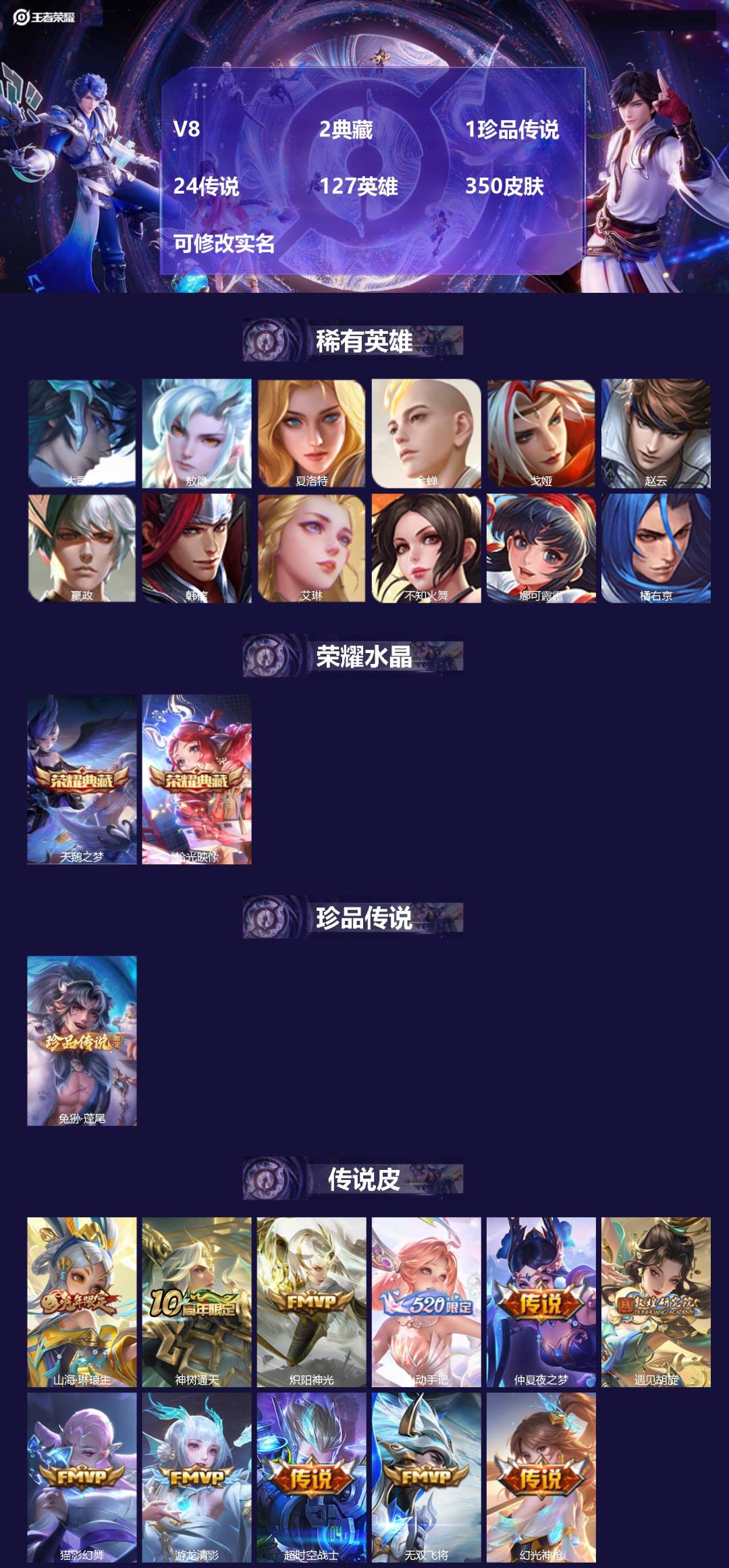 王者荣耀账号安卓QQ[15875470]V8 2典藏 1珍品传说 24传说 127英雄 350皮肤 可修改实名 
【英雄