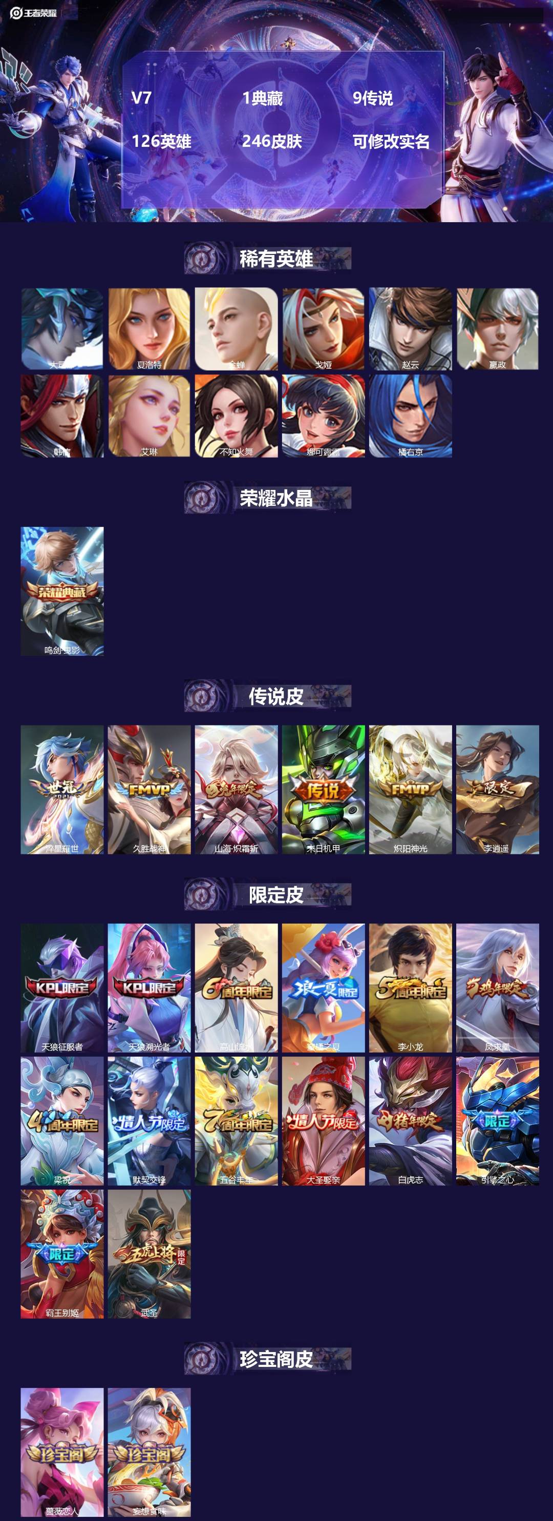 王者荣耀账号苹果QQ126英雄-246皮肤-[]V7 1典藏 9传说 126英雄 246皮肤 可修改实名 
【英雄全皮】