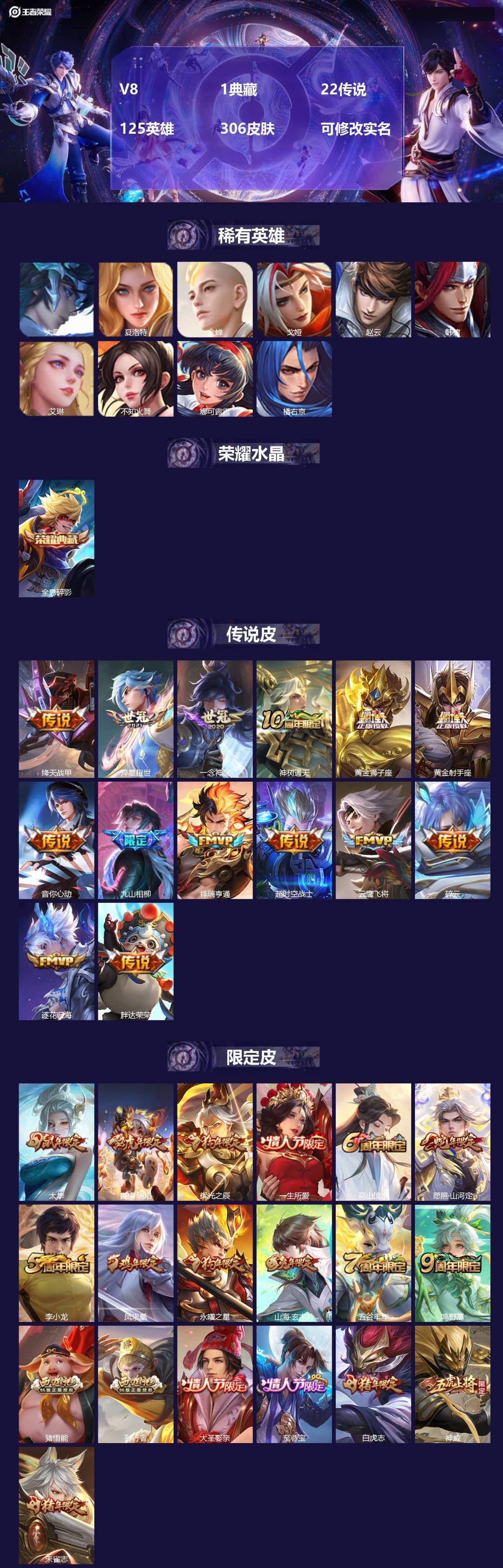 王者荣耀账号苹果QQ[15878880]V8 1典藏 22传说 125英雄 306皮肤 可修改实名 
【英雄全皮】蒙恬全