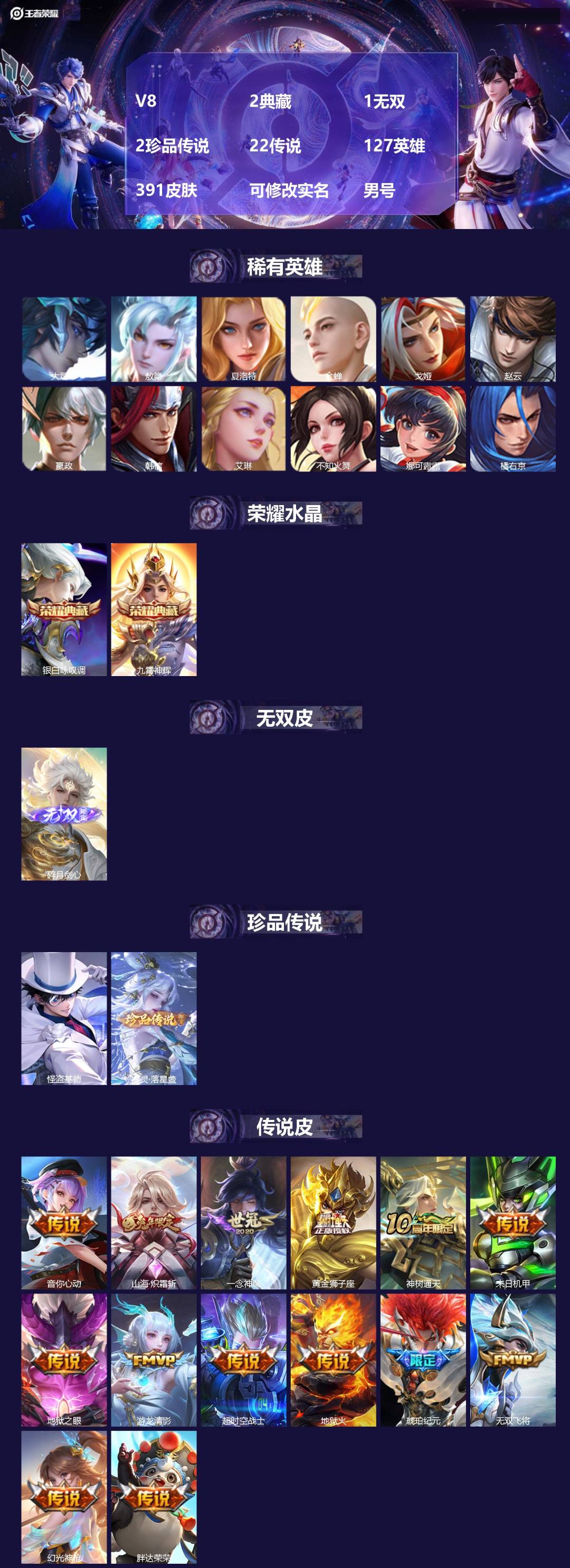 王者荣耀账号安卓QQ[15912629]V8 2典藏 1无双 2珍品传说 22传说 127英雄 391皮肤 可修改实名 