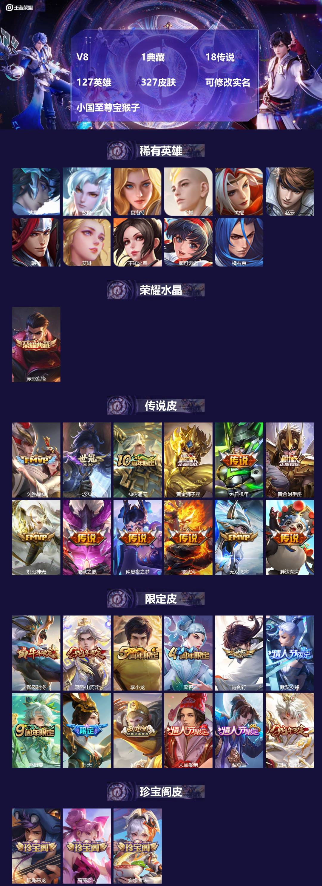王者荣耀账号安卓QQ127英雄-327皮肤-[]V8 1典藏 18传说 127英雄 327皮肤 可修改实名 小国至尊宝猴