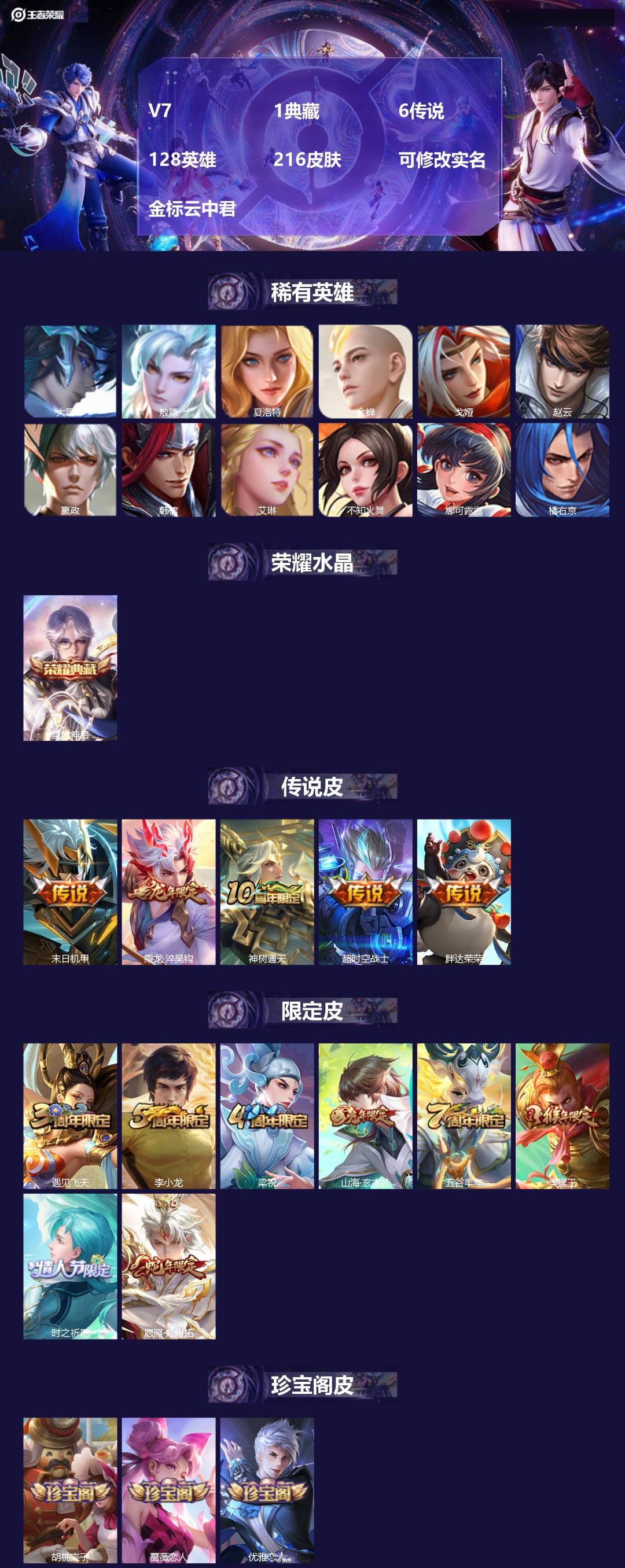 王者荣耀账号安卓QQ[15918501]V7 1典藏 6传说 128英雄 216皮肤 可修改实名 金标云中君
【英雄全皮