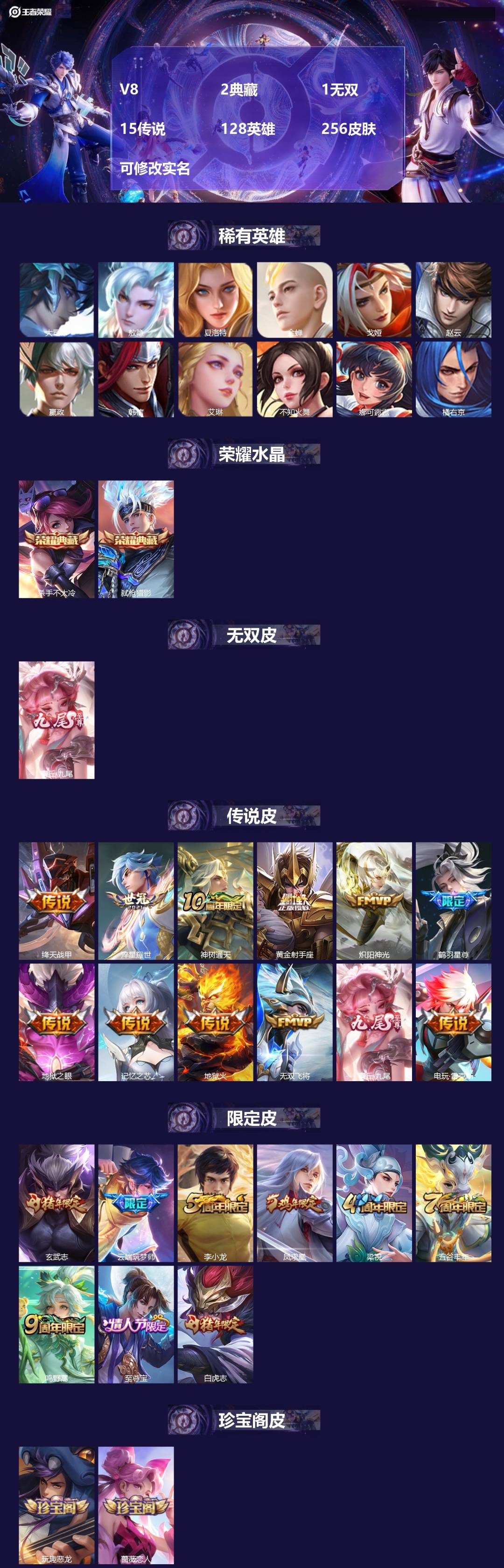 王者荣耀账号安卓VX[15925880]V8 2典藏 1无双 15传说 128英雄 256皮肤 可修改实名 
【英雄全皮