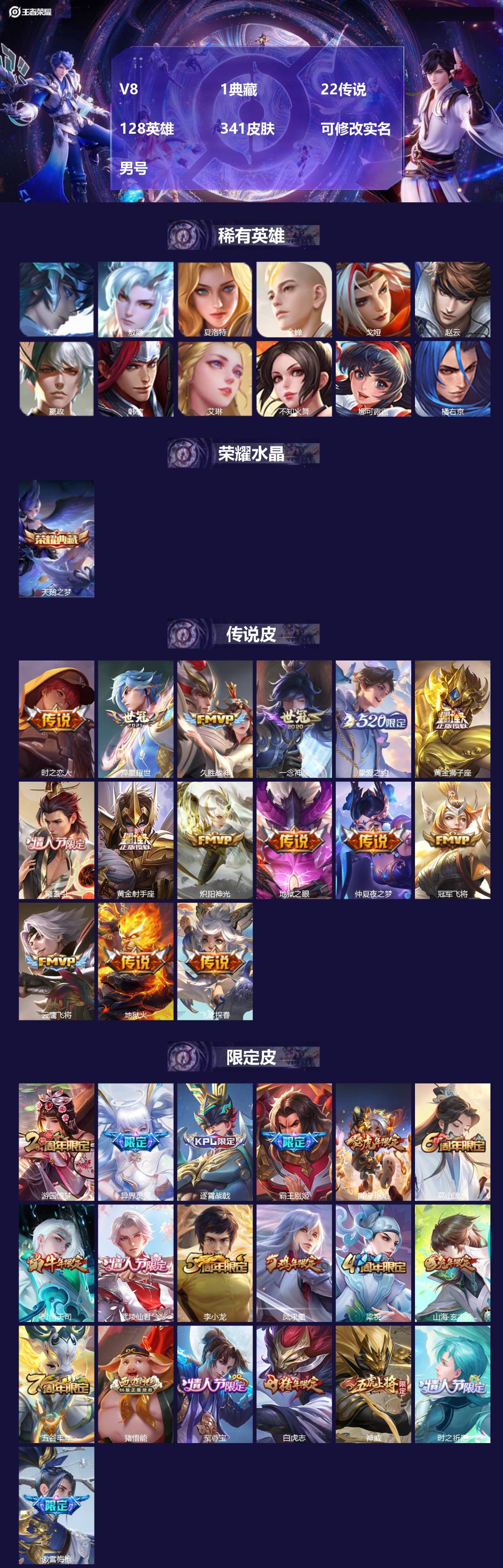 王者荣耀账号安卓QQ[15940993]V8 1典藏 22传说 128英雄 341皮肤 可修改实名 男号 
【英雄全皮】