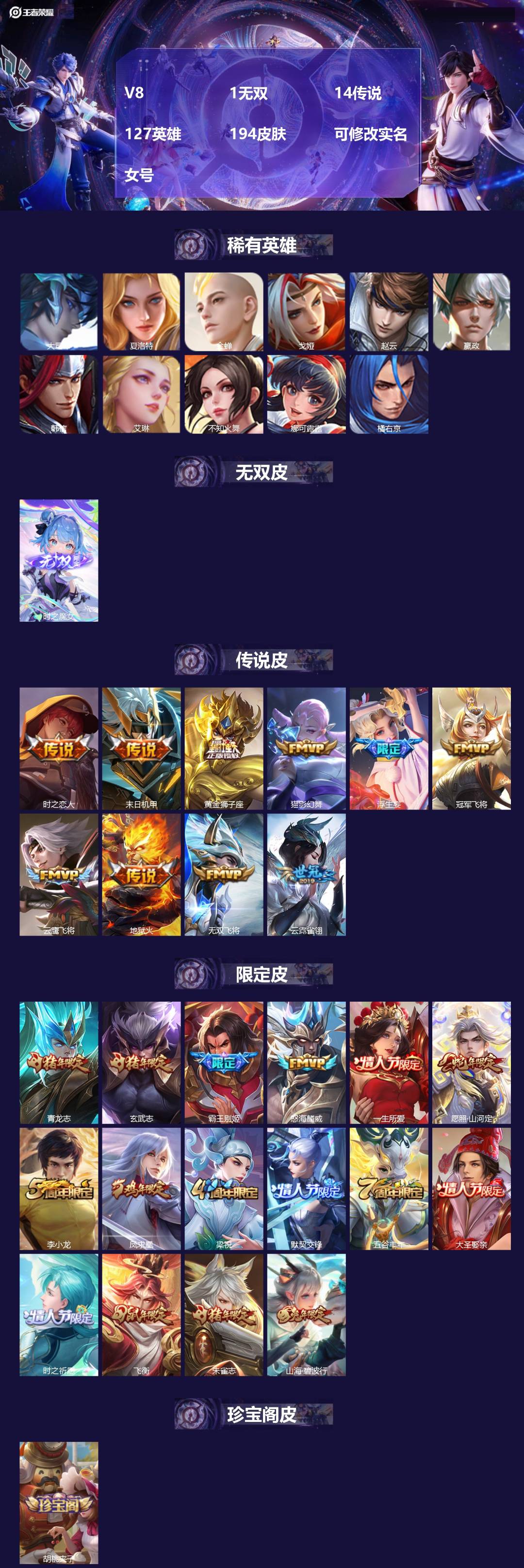 王者荣耀账号安卓QQ127英雄-194皮肤-[]V8 1无双 14传说 127英雄 194皮肤 可修改实名 女号 
【英