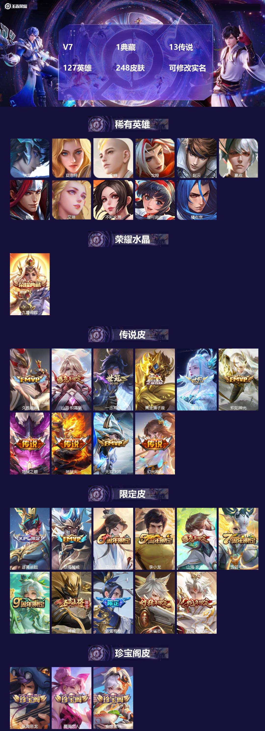 王者荣耀账号安卓QQ[15943926]V7 1典藏 13传说 127英雄 248皮肤 可修改实名 
【英雄全皮】李信全