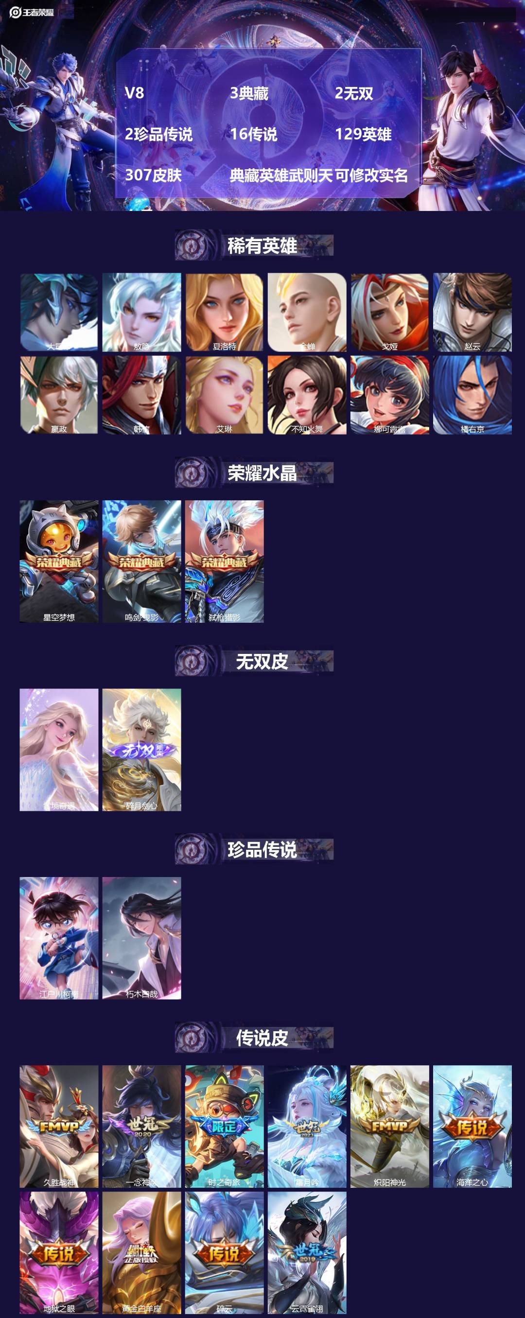 王者荣耀账号苹果QQ129英雄-307皮肤-[]V8 3典藏 2无双 2珍品传说 16传说 129英雄 307皮肤 典藏
