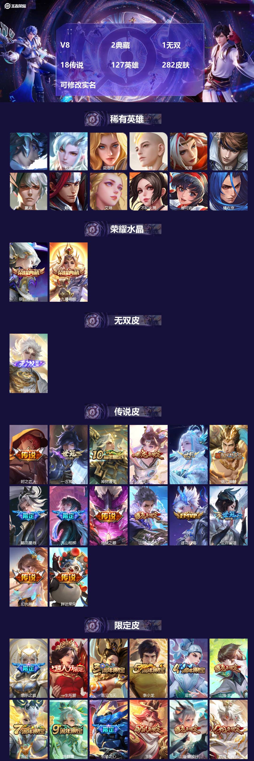 王者荣耀账号安卓QQ127英雄-282皮肤-[]V8 2典藏 1无双 18传说 127英雄 282皮肤 可修改实名 
【