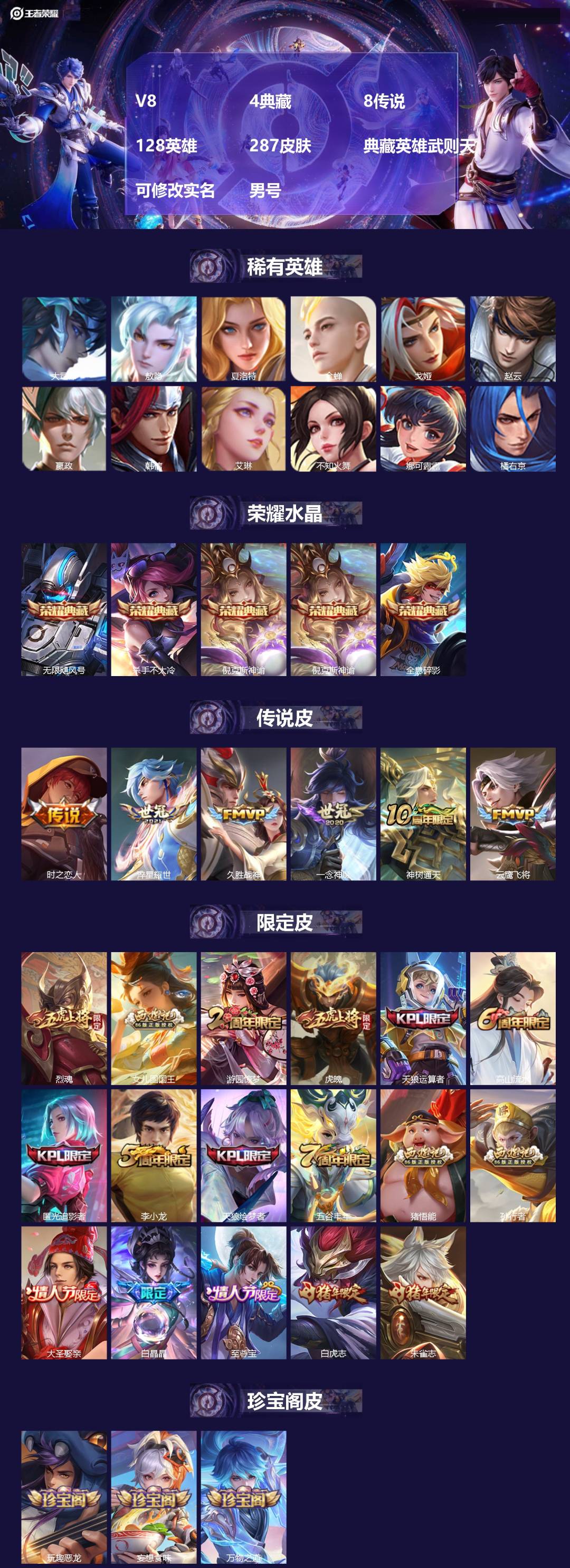王者荣耀账号苹果QQ128英雄-287皮肤-[]V8 4典藏 8传说 128英雄 287皮肤 典藏英雄武则天 可修改实名