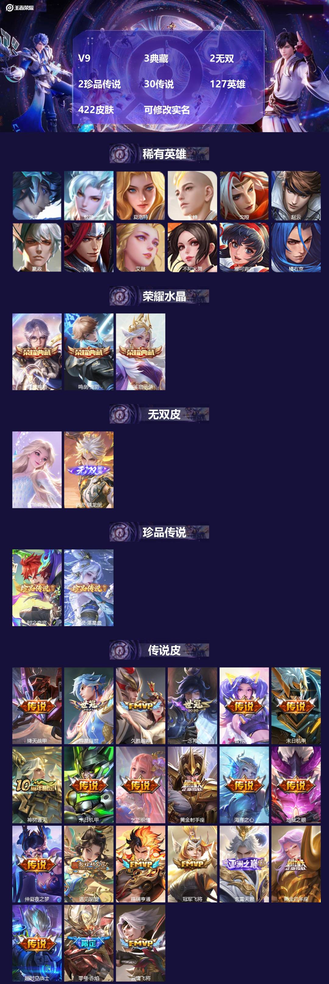 王者荣耀账号安卓QQ127英雄-422皮肤-[]V9 3典藏 2无双 2珍品传说 30传说 127英雄 422皮肤 可修