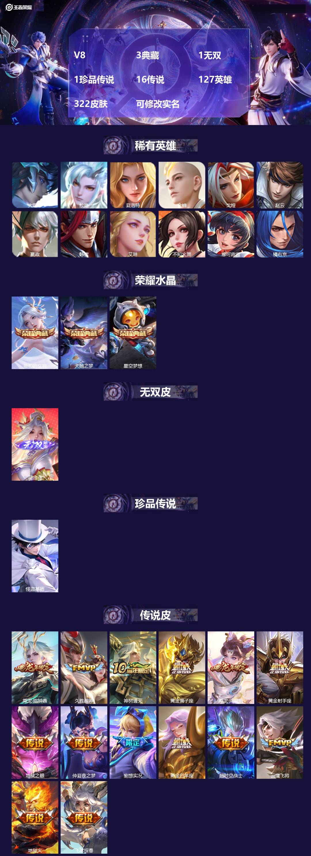 王者荣耀账号安卓QQ127英雄-322皮肤-[]V8 3典藏 1无双 1珍品传说 16传说 127英雄 322皮肤 可修