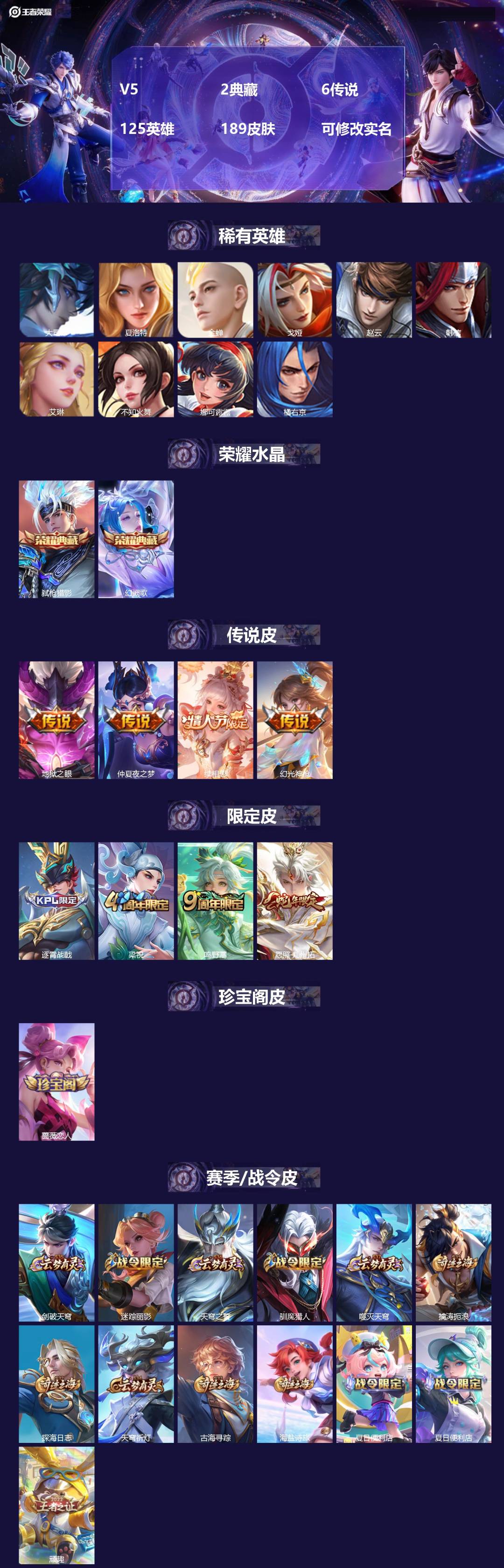 王者荣耀账号安卓QQ[15953982]V5 2典藏 6传说 125英雄 189皮肤 可修改实名 
【英雄全皮】空空儿全