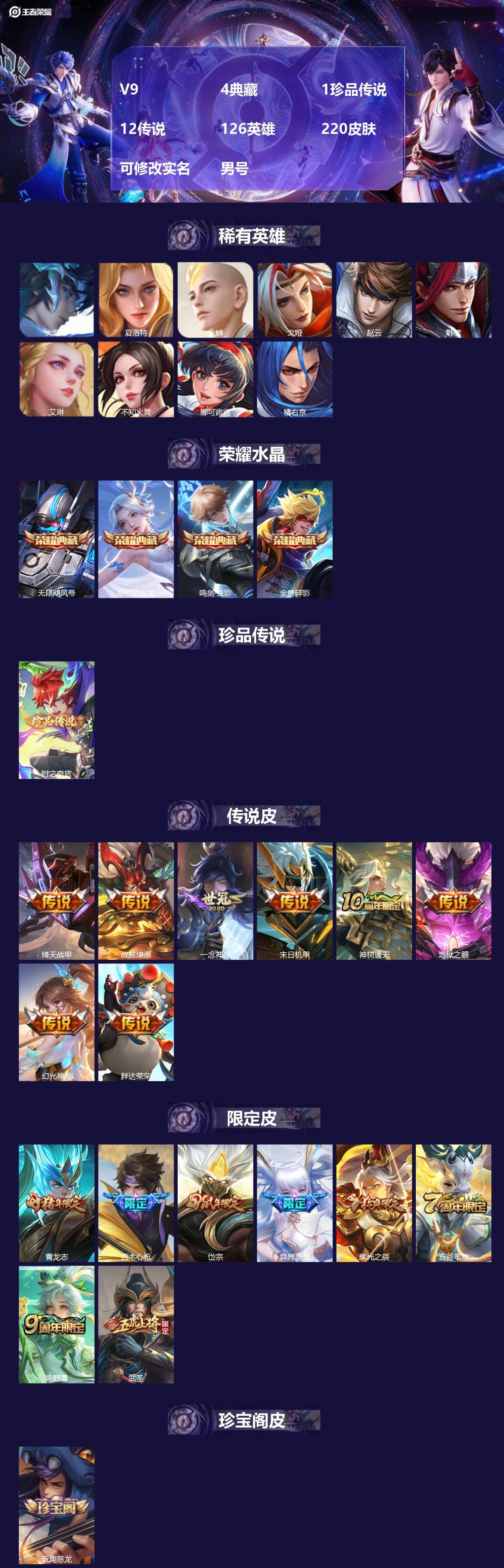 王者荣耀账号安卓VX[15978363]V9 4典藏 1珍品传说 12传说 126英雄 220皮肤 可修改实名 男号 
