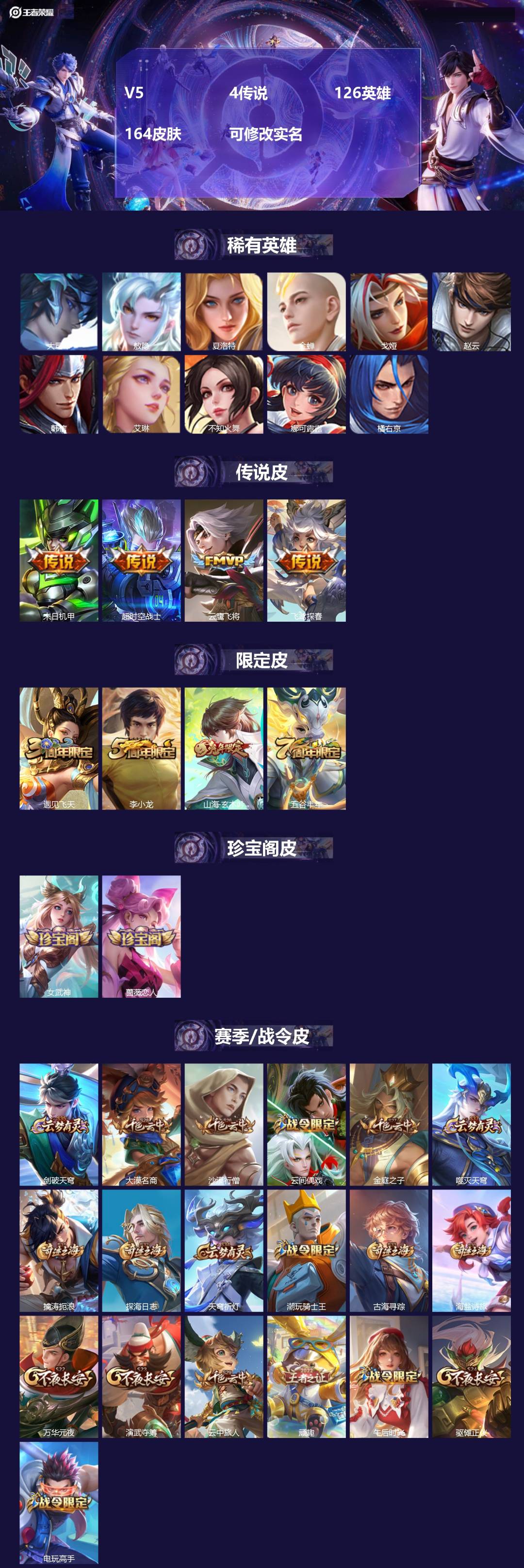 王者荣耀账号安卓QQ[15912969]V5 4传说 126英雄 164皮肤 可修改实名 
【英雄全皮】敖隐全皮,蚩奼全