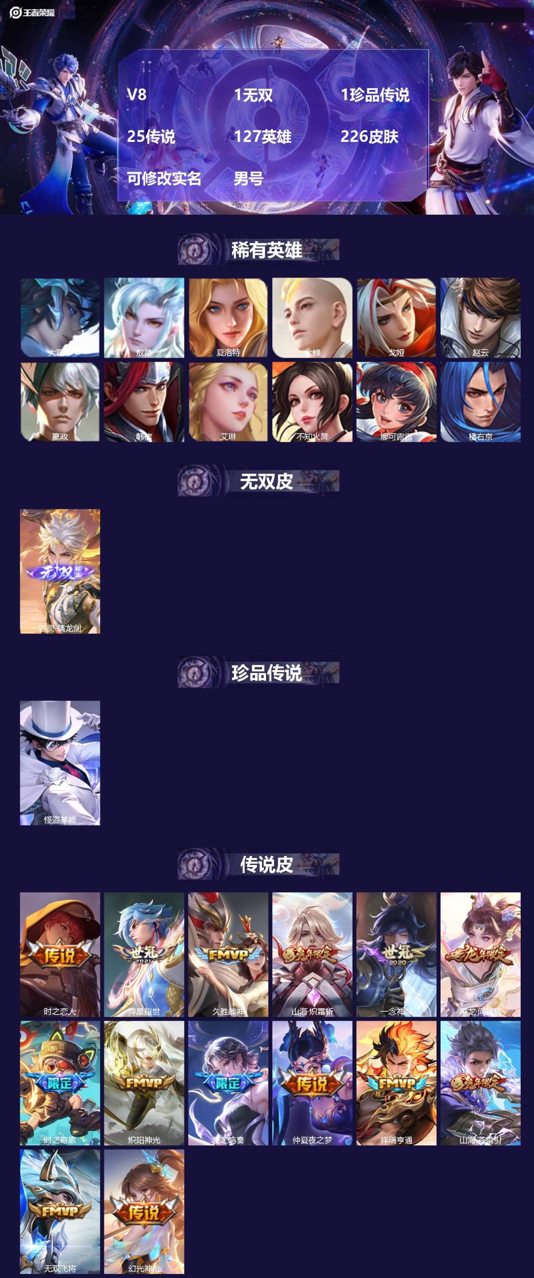 王者荣耀账号苹果QQ[15985060]V8 1无双 1珍品传说 25传说 127英雄 226皮肤 可修改实名 男号 
