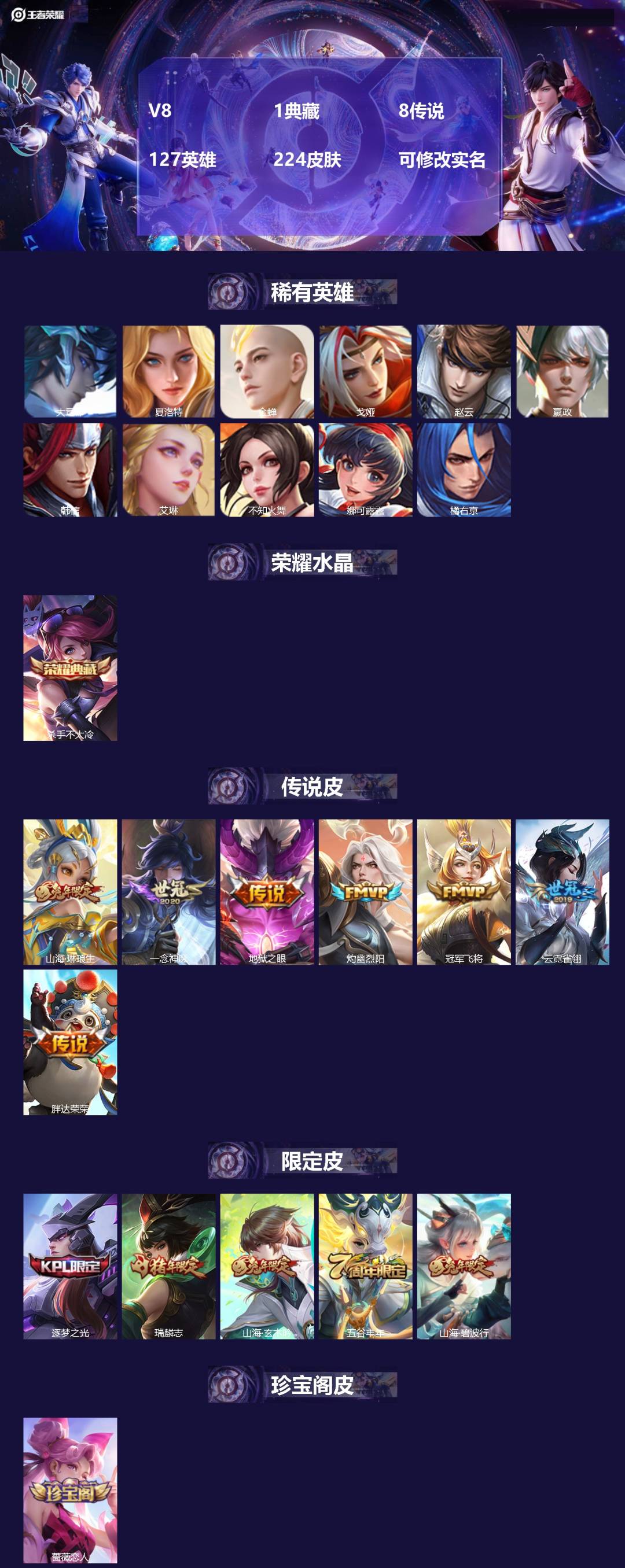 王者荣耀账号安卓QQ[15991189]V8 1典藏 8传说 127英雄 224皮肤 可修改实名 
【英雄全皮】大禹全皮