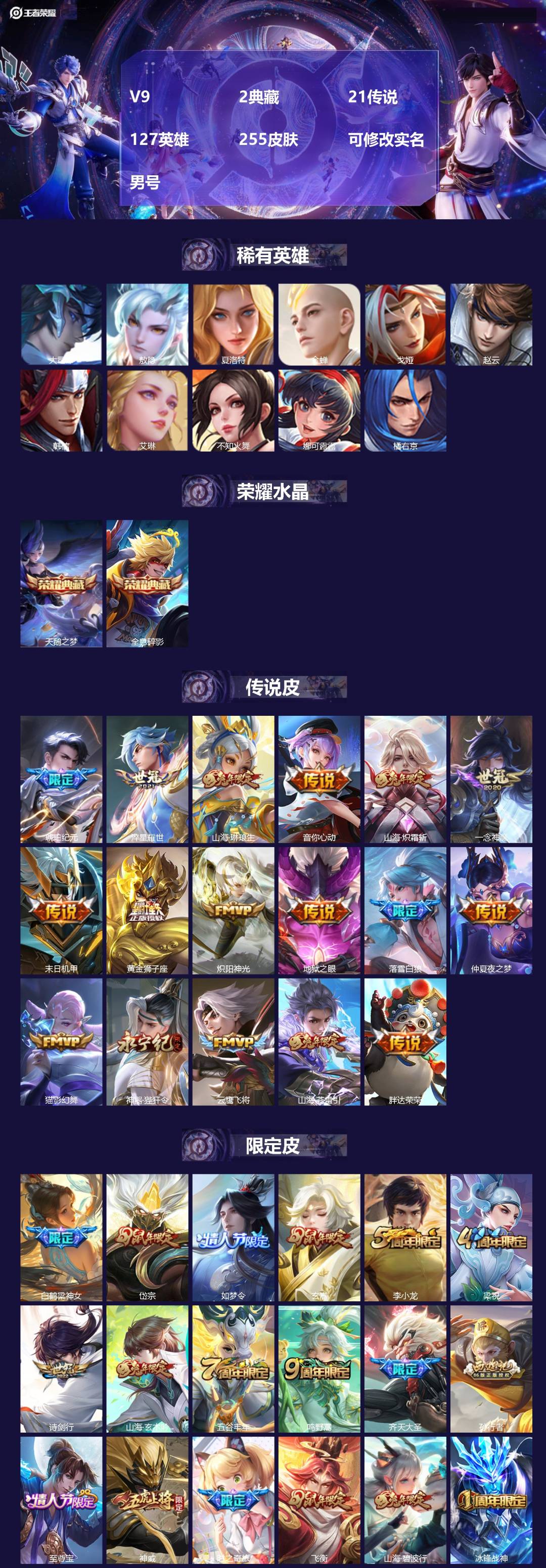 王者荣耀账号安卓QQ127英雄-255皮肤-[]V9 2典藏 21传说 127英雄 255皮肤 可修改实名 男号 
【英