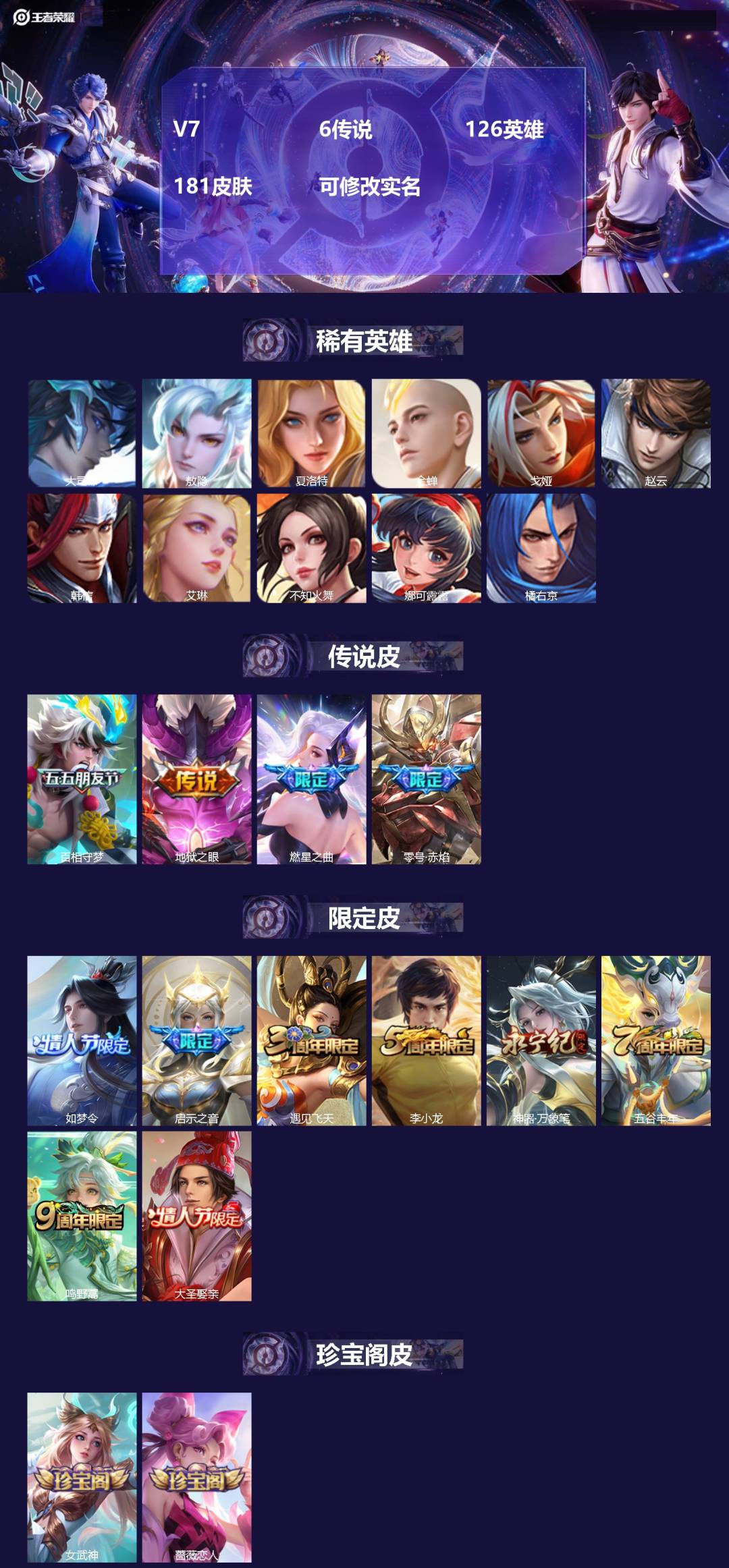 王者荣耀账号安卓QQV7 6传说 126英雄 181皮肤 可修改实名 
【英雄全皮】敖隐全皮
【稀有英雄】敖隐(小龙人)
