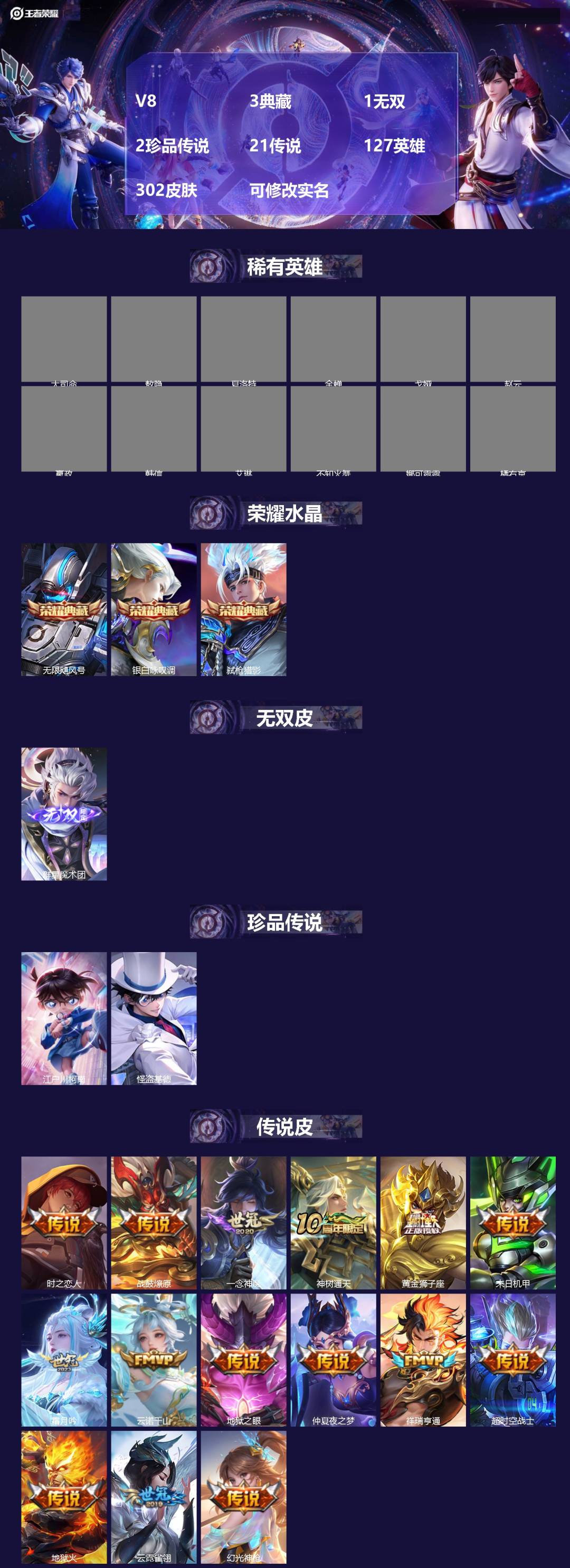 王者荣耀账号安卓QQ127英雄-302皮肤-[]V8 3典藏 1无双 2珍品传说 21传说 127英雄 302皮肤 可修