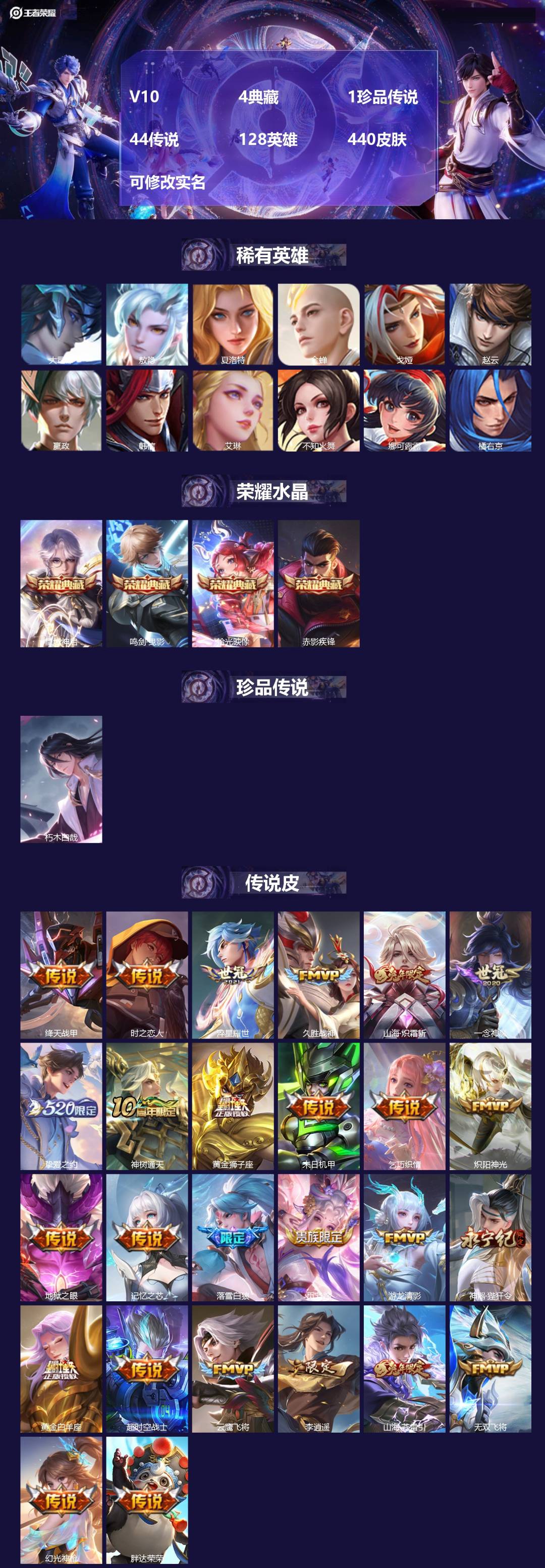 王者荣耀账号安卓QQ128英雄-440皮肤-[]V10 4典藏 1珍品传说 44传说 128英雄 440皮肤 可修改实名