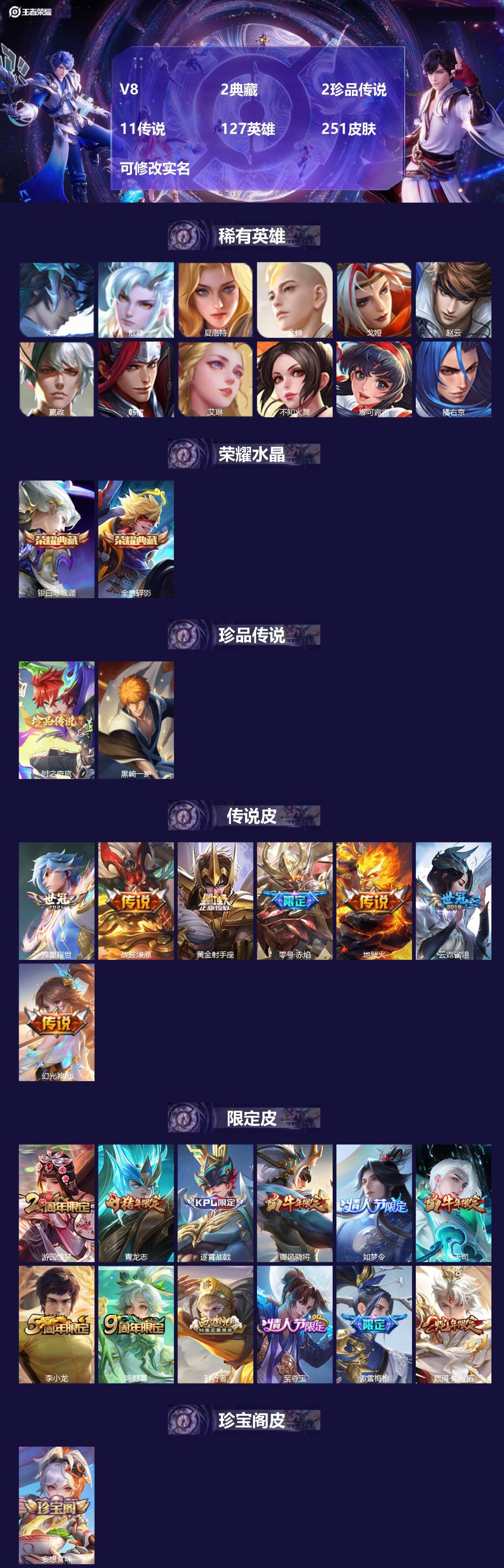王者荣耀账号苹果QQ127英雄-251皮肤-[]V8 2典藏 2珍品传说 11传说 127英雄 251皮肤 可修改实名 