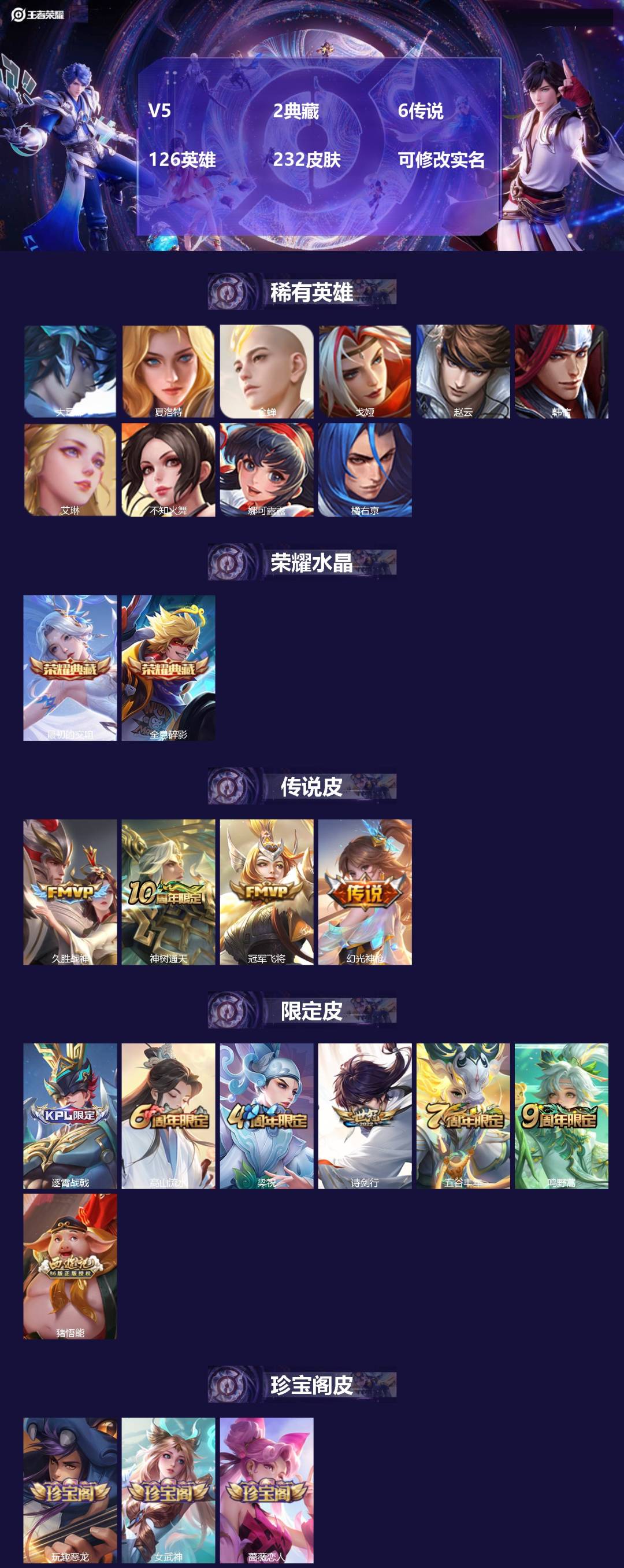 王者荣耀账号安卓QQ[16026858]V5 2典藏 6传说 126英雄 232皮肤 可修改实名 
【英雄全皮】大禹全皮